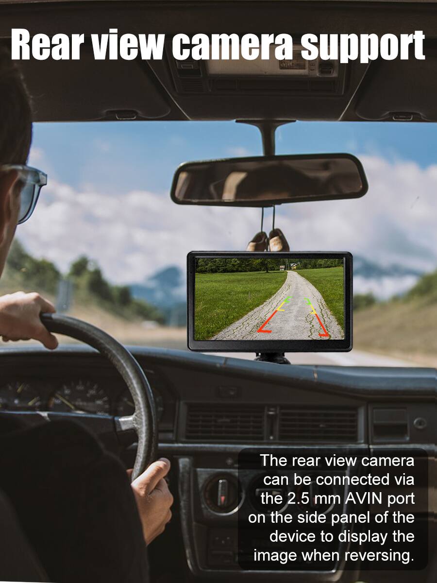 Rear view camera support

The rear view camera can be connected via the 2.5 mm AVIN port on the side panel of the device to display the image when reversing.