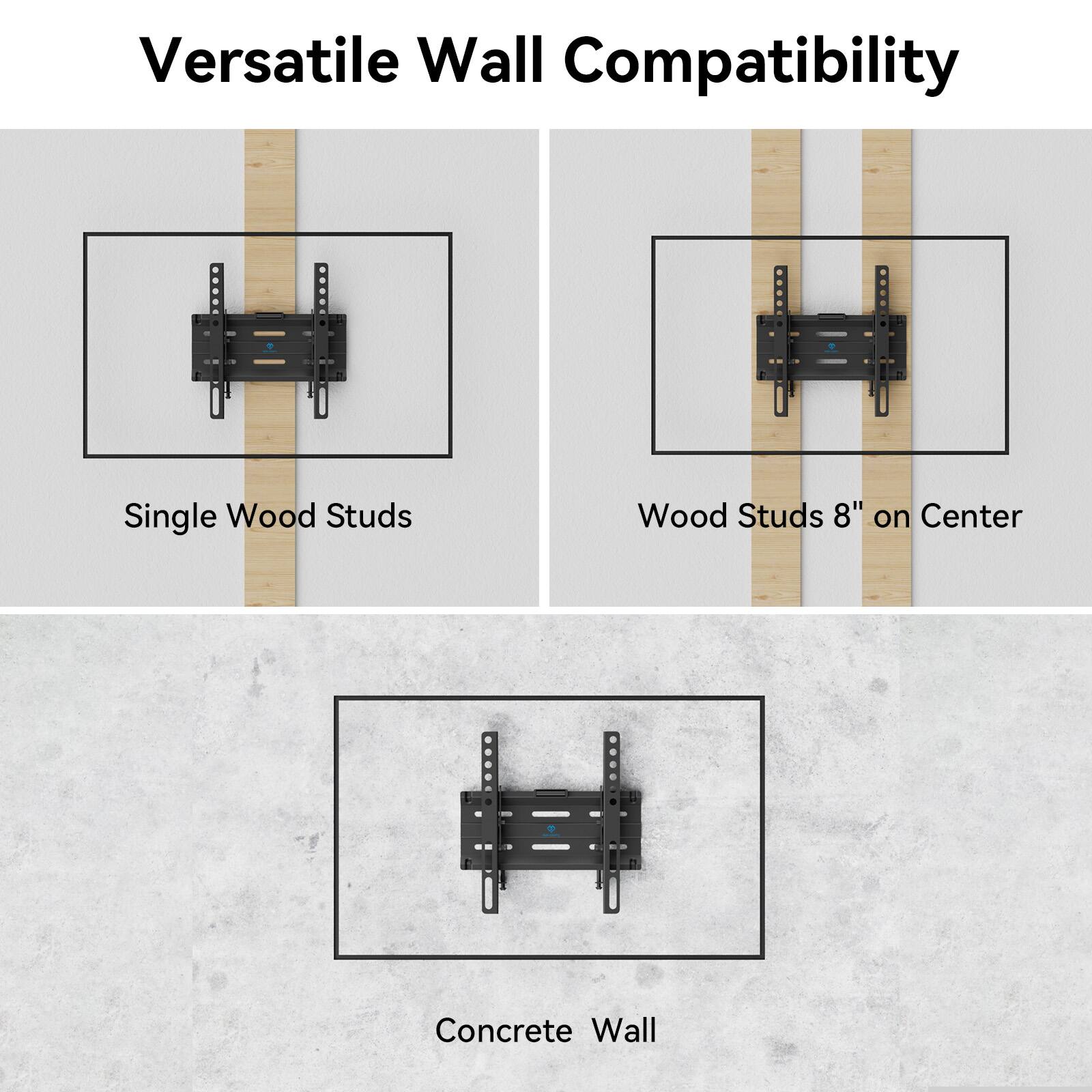 Versatile Wall Compatibility

- Single Wood Studs
- Wood Studs 8" on Center
- Concrete Wall
