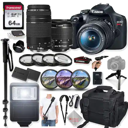 Transcend 64GB SDXC U3 V30
Canon EF-S 18-55mm 1:3.5-5.6 IS STM
Canon EF-S 75-300mm 1:4-5.6 IS USM
Canon EOS Rebel T
Canon Speedlite
Canon Lens Hood
Canon Lens Cap
Canon Camera Bag
Canon Tripod
Canon Flash
Canon Camera Strap
Canon Close-up Lens
Canon Camera