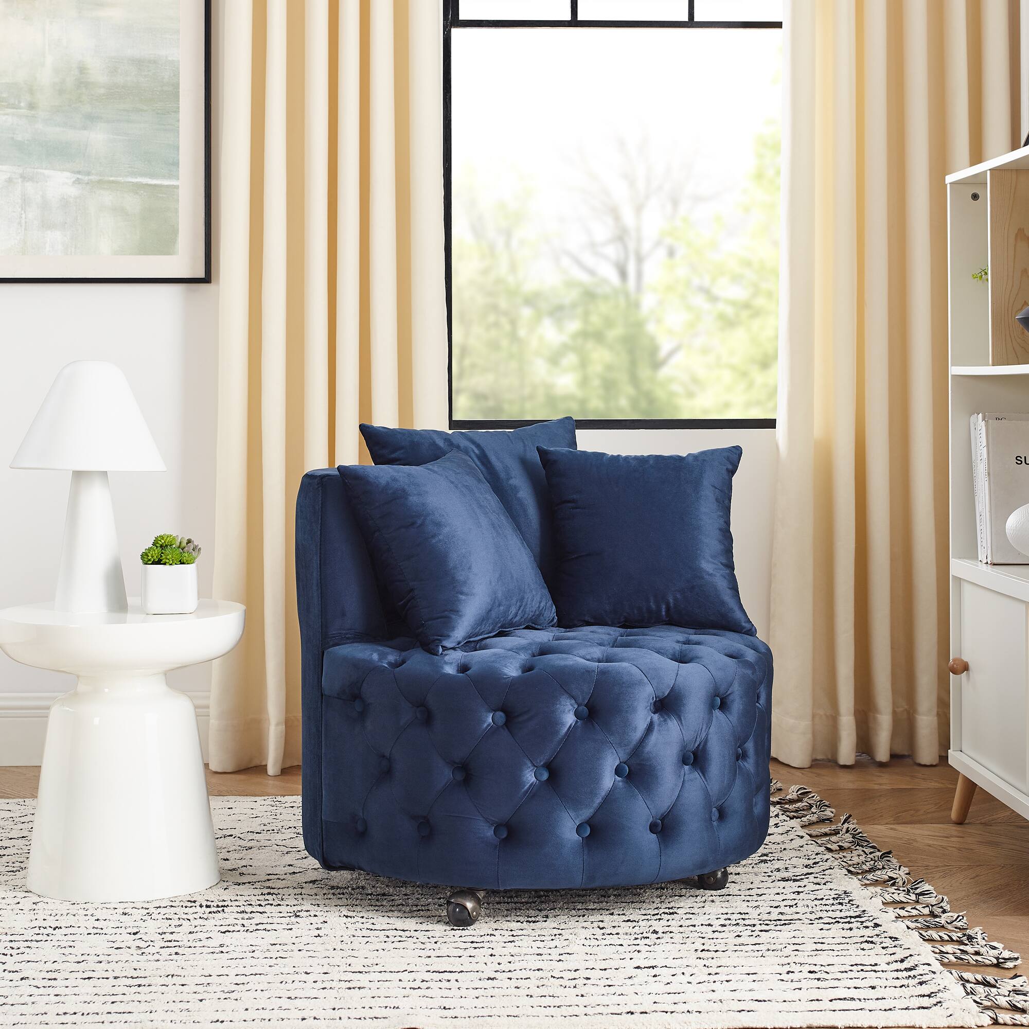 Angle. Trinkets Crazed - Velvet Upholstered Swivel Chair for Living Room, with Button Tufted Design and Movable Wheels, Including 3 Pillows - Blue.