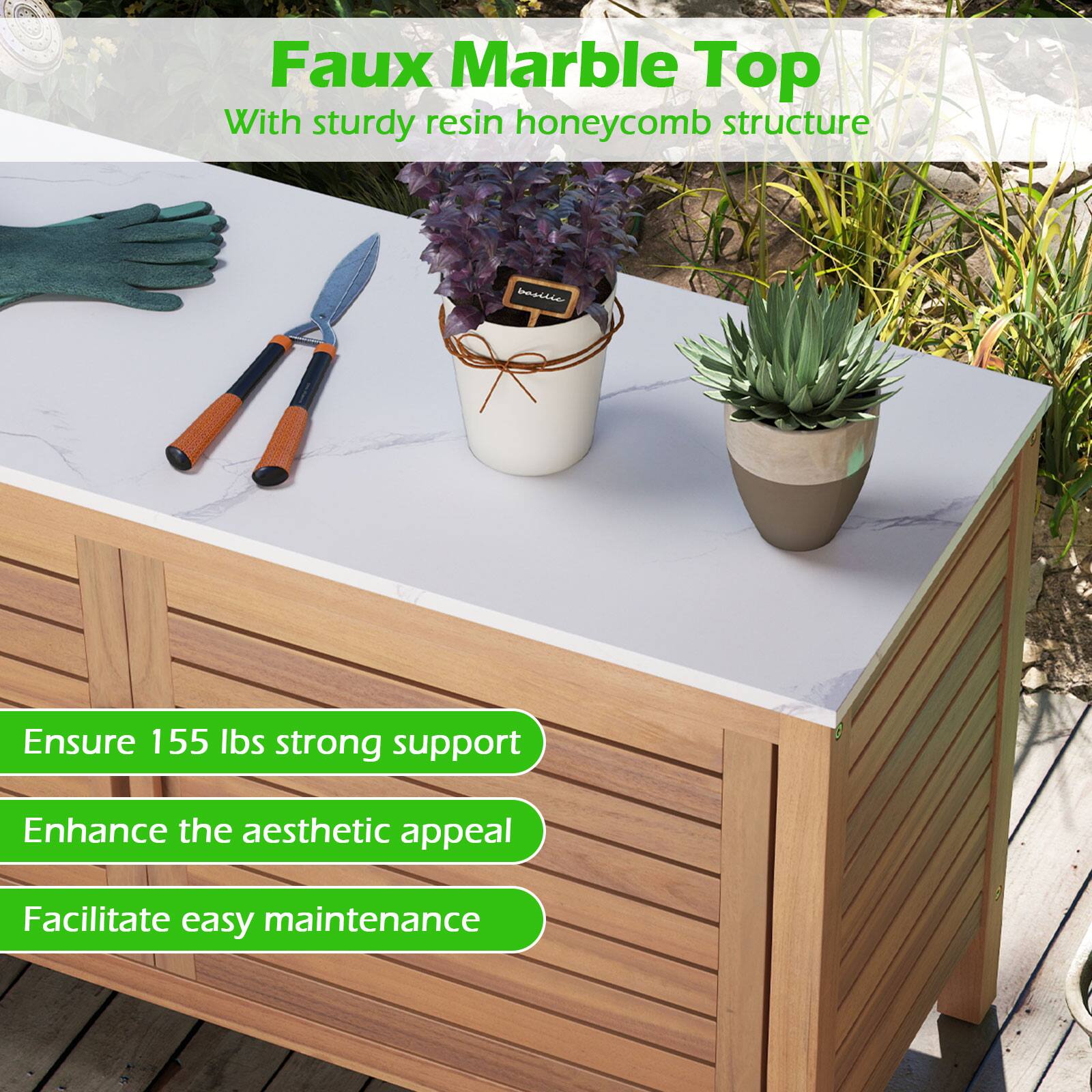 Faux Marble Top  
With sturdy resin honeycomb structure  

Ensure 155 lbs strong support  
Enhance the aesthetic appeal  
Facilitate easy maintenance