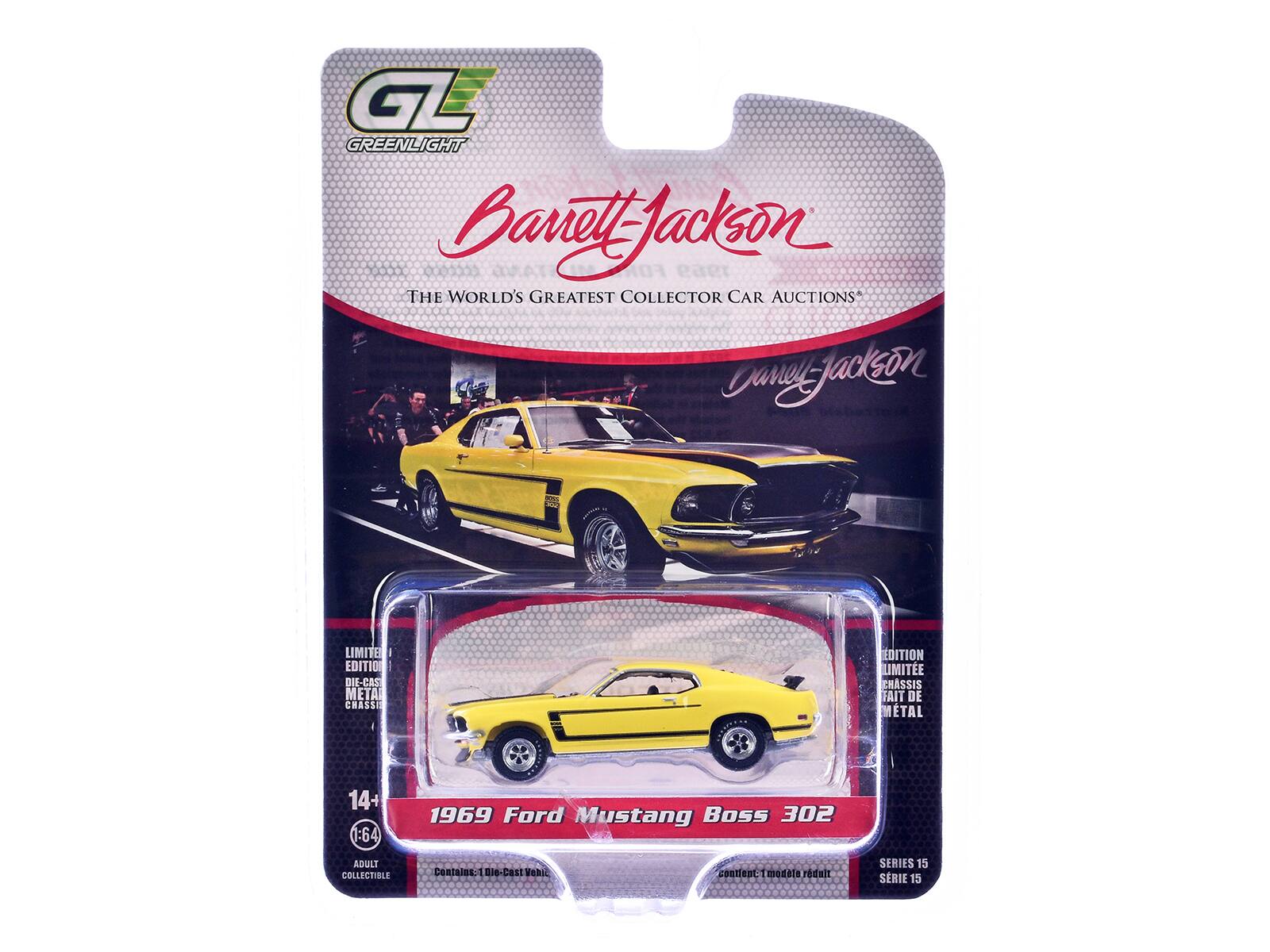 GL C7 GREENLIGHT 0000000 Barrett Jackson FOR THE WORLD'S GREATEST COLLECTOR CAR AUCTIONS* Janel Jackson LIMITED EDITION DIE-CAST METAL CHASSIS 14+ 1:64 1969 Ford Mustang Boss 302 AGULT COLLECTIBLE Contains: 1 die-cast vehicle contient: 1 modèle réduit SERIES 15 SERIE 15