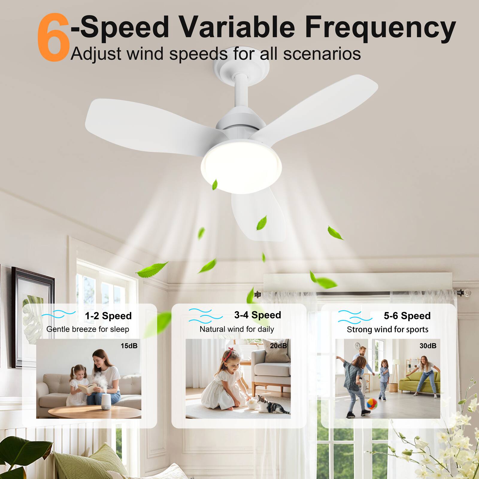 6-Speed Variable Frequency  
Adjust wind speeds for all scenarios  

1-2 Speed  
Gentle breeze for sleep  
15dB  

3-4 Speed  
Natural wind for daily  
20dB  

5-6 Speed  
Strong wind for sports  
30dB