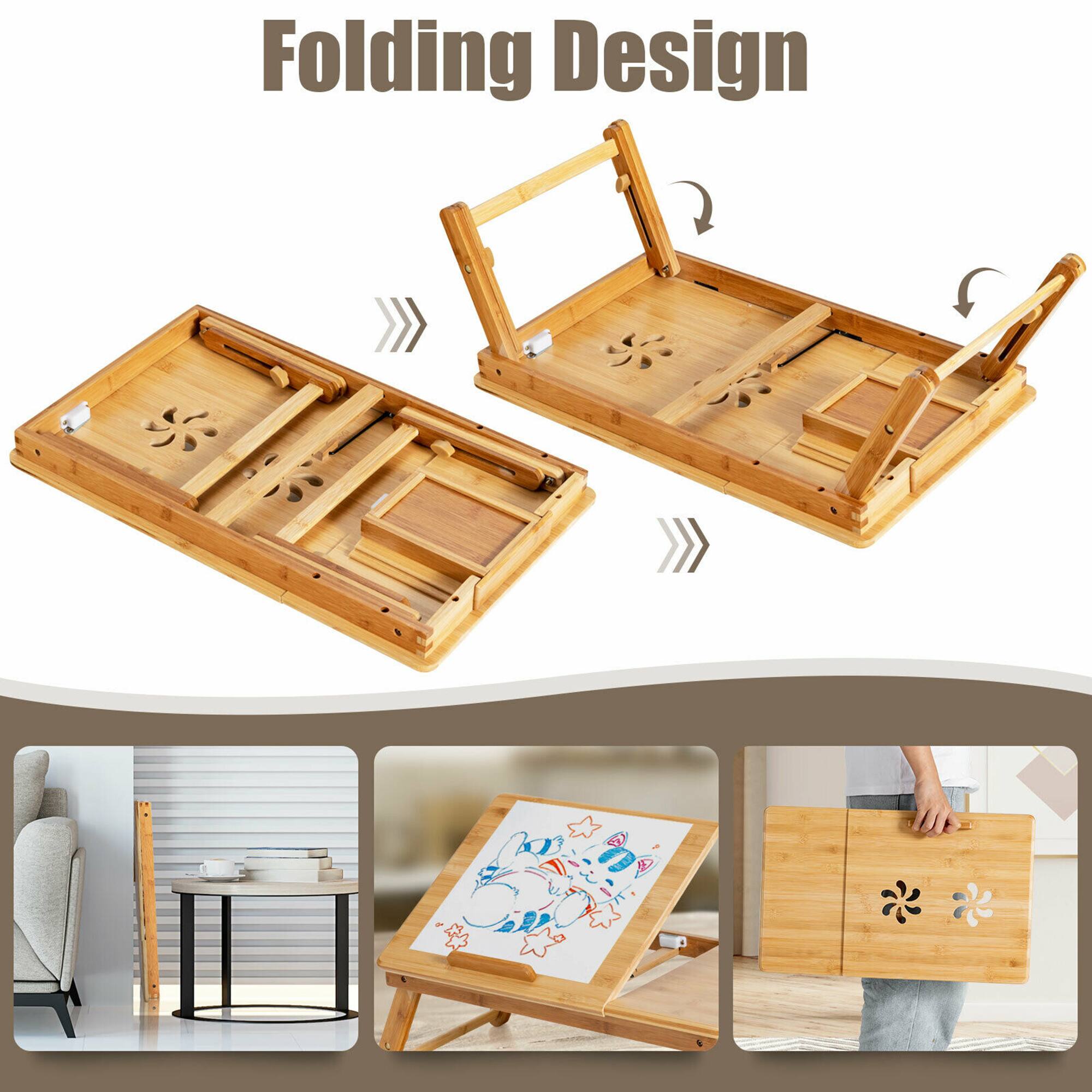 Folding Design

- The image shows a wooden easel that can be folded for easy storage.
- The easel is displayed in three stages: fully extended, partially folded, and fully folded.
- The easel is used for drawing, as shown by a child's artwork on it.
- The easel is compact and portable when folded.
