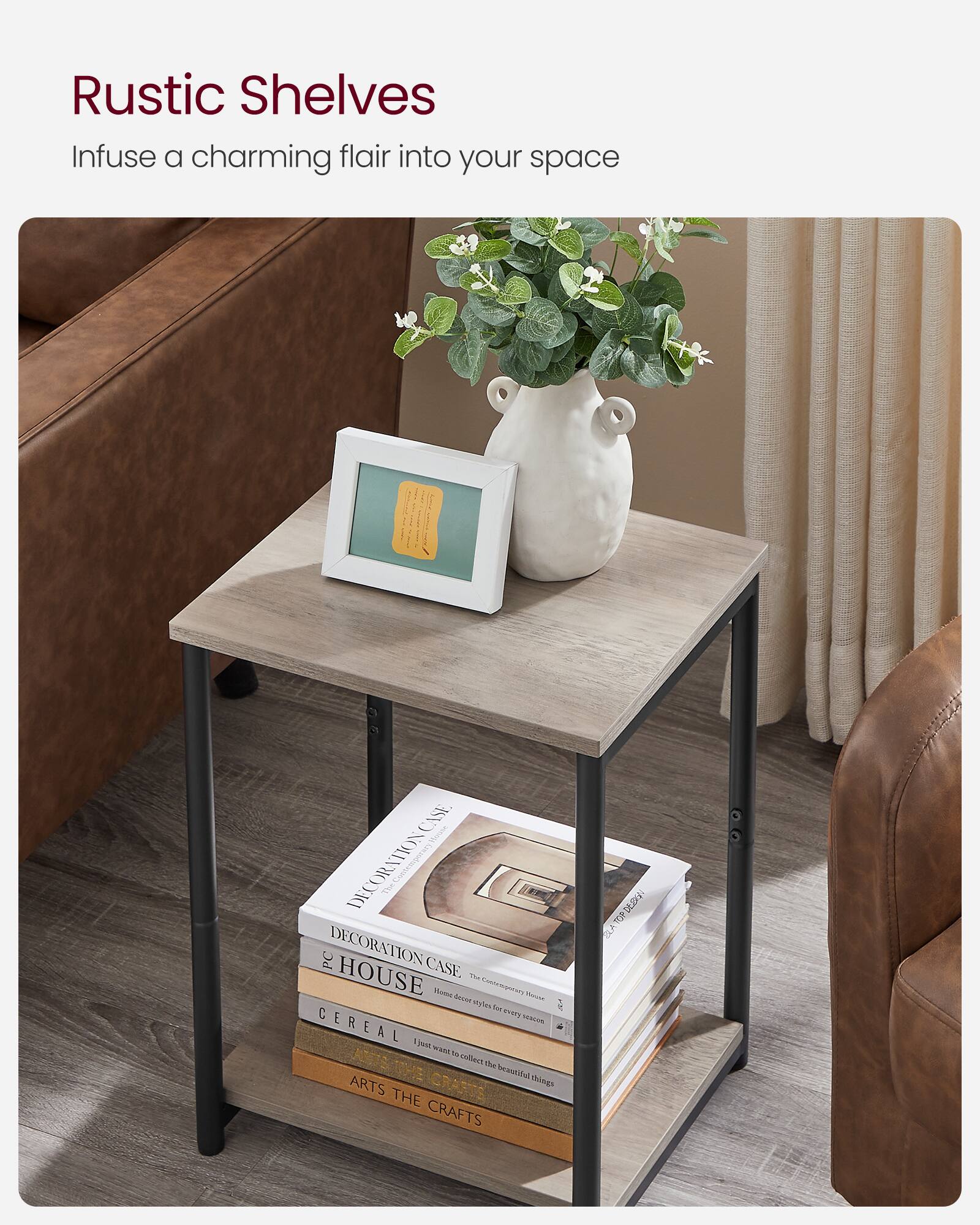 Rustic Shelves  
Infuse a charming flair into your space  

CASE DECORATION  
CASE HOUSE  
CEREAL  
ARTS THE CRAFTS