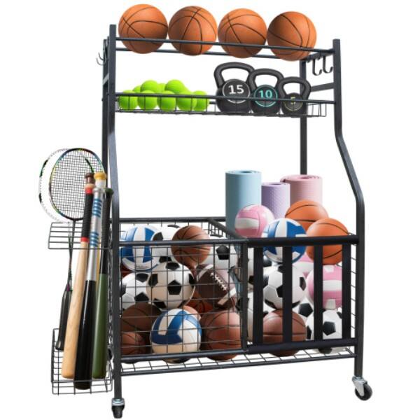 MOOSOO - Garage Sports Equipment Organizer, Large Capacity Ball Storage Rack, Rolling Ball Cart with Wheels for Indoor & Outdoor - Black