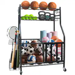 MOOSOO - Garage Sports Equipment Organizer, Large Capacity Ball Storage Rack, Rolling Ball Cart with Wheels for Indoor & Outdoor - Black