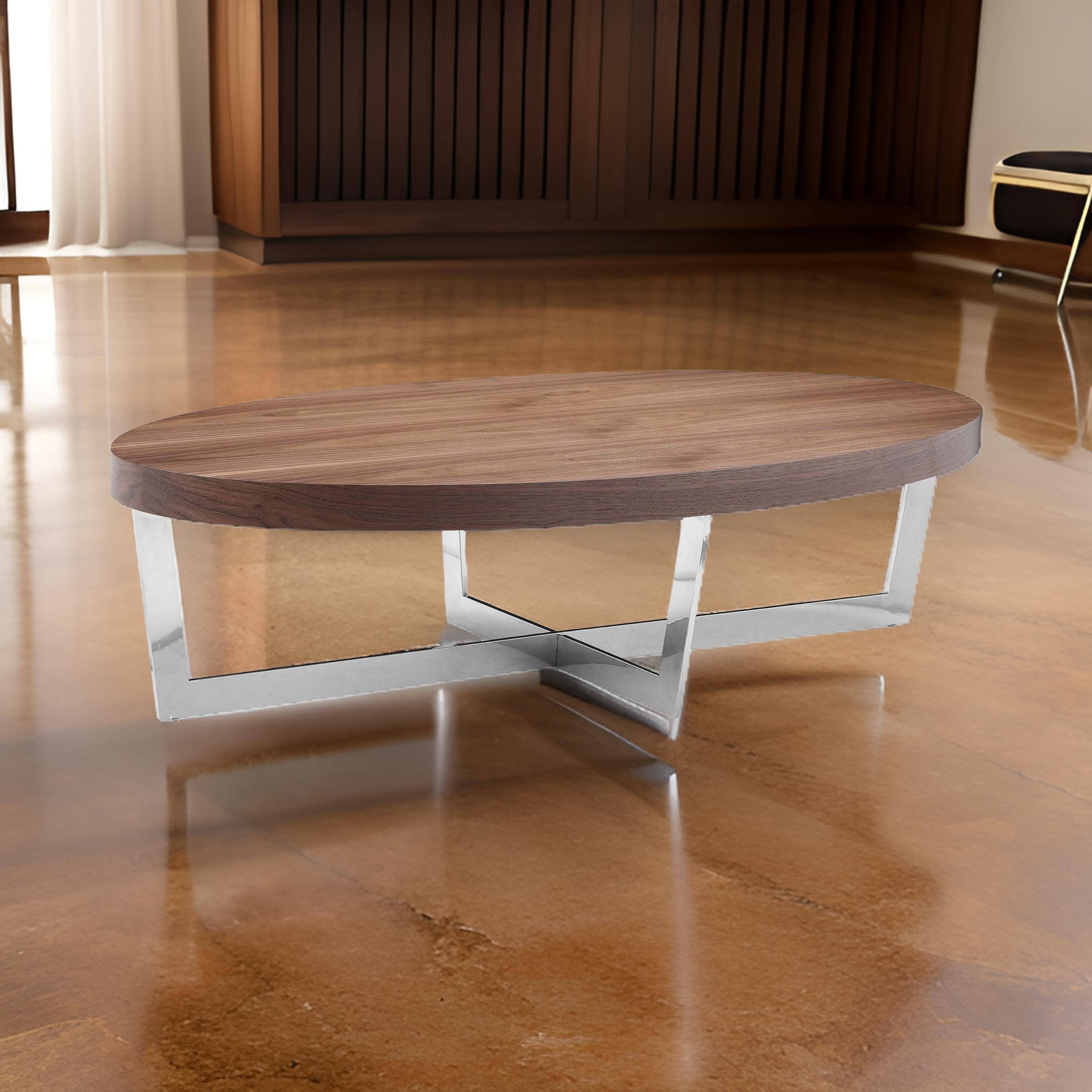 Alt View 2. Manhattan Lane - Tini 55 Inch Coffee Table, Oval Top, Chrome Frame - Brown, Chrome.