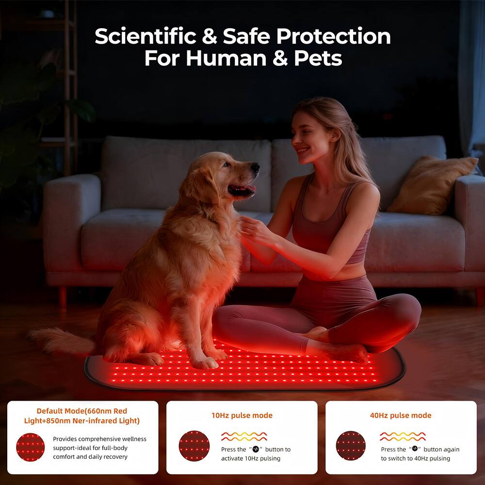 Scientific & Safe Protection For Human & Pets

Default Mode(660nm Red Light+850nm Near-infrared Light)
10Hz pulse mode
40Hz pulse mode

Provides comprehensive wellness support-ideal for full-body comfort and daily recovery

Press the button to activate 10Hz pulsing
Press the button again to switch to 40Hz pulsing