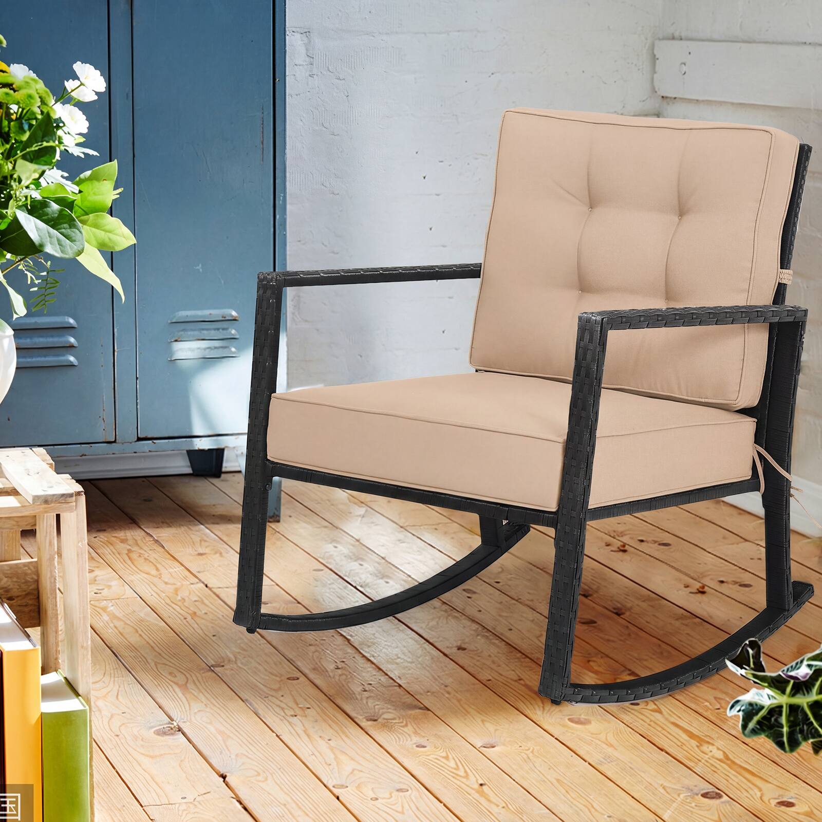 Alt View 5. Costway - Costway 2PCS Patio Rattan Rocker Chair Outdoor Glider Rocking Chair Cushion Lawn - Black+Beige.