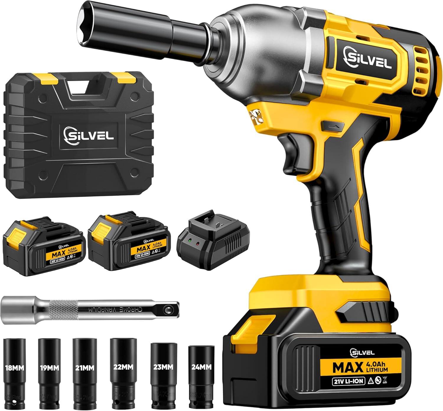 Silvel - Cordless Impact Wrench, MAX 650N.M Brushless Impact Gun 1/2 inch, 2 * 4.0Ah Battery with 6 Sockets, Fast Charger - Yellow
