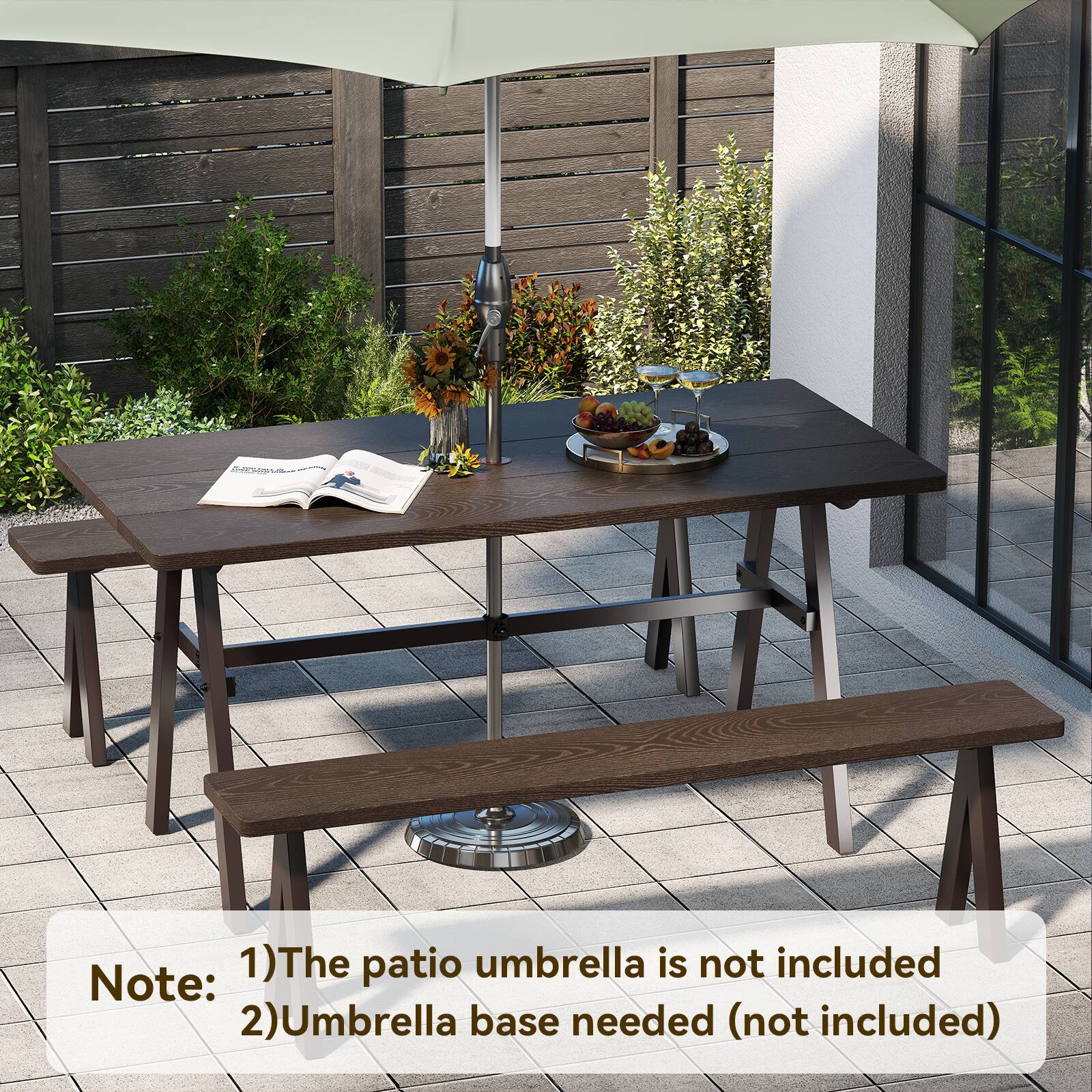 The patio umbrella is not included. Umbrella base needed (not included).