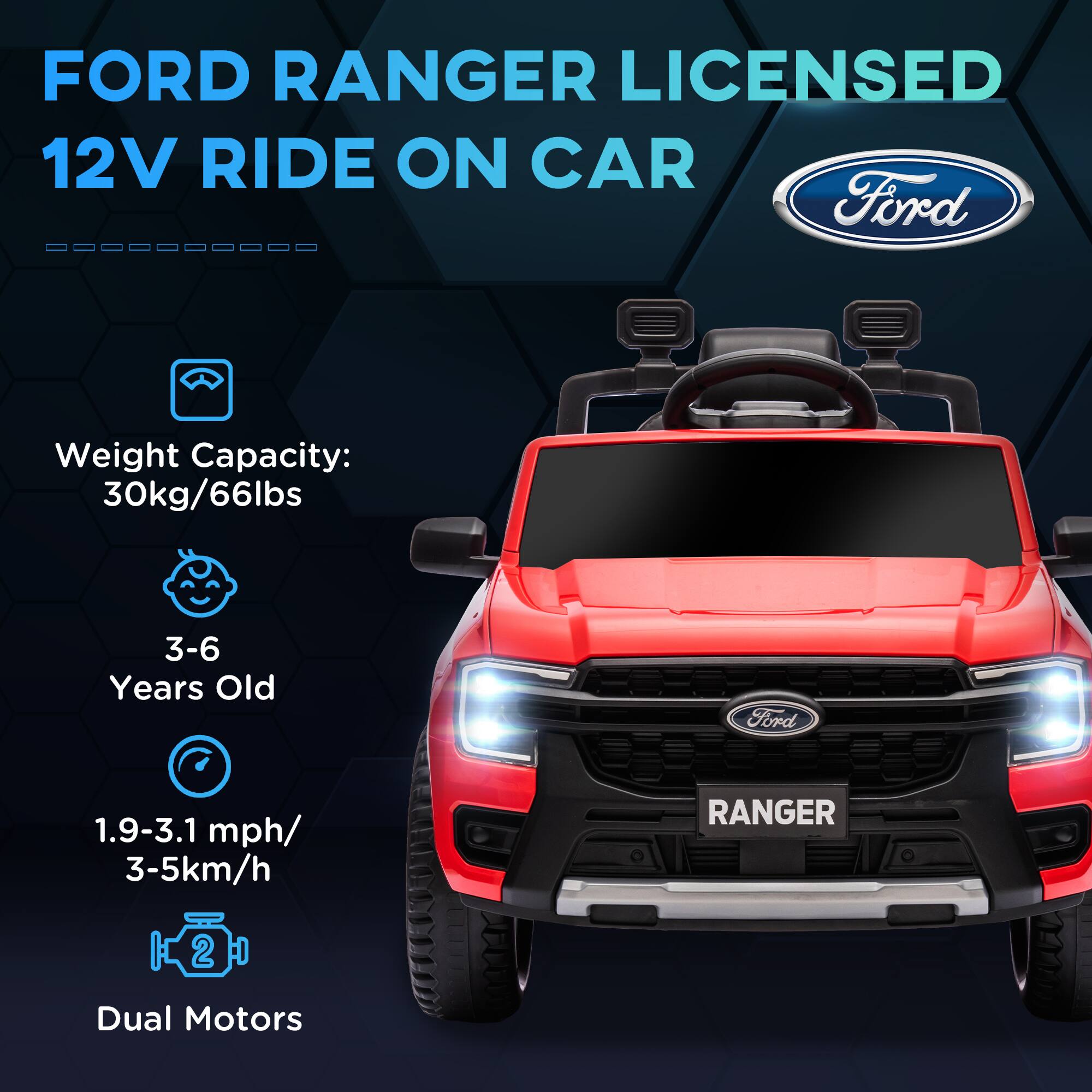 FORD RANGER LICENSED  
12V RIDE ON CAR  

Weight Capacity: 30kg/66lbs  
3-6 Years Old  
1.9-3.1 mph/ 3-5km/h  
Dual Motors