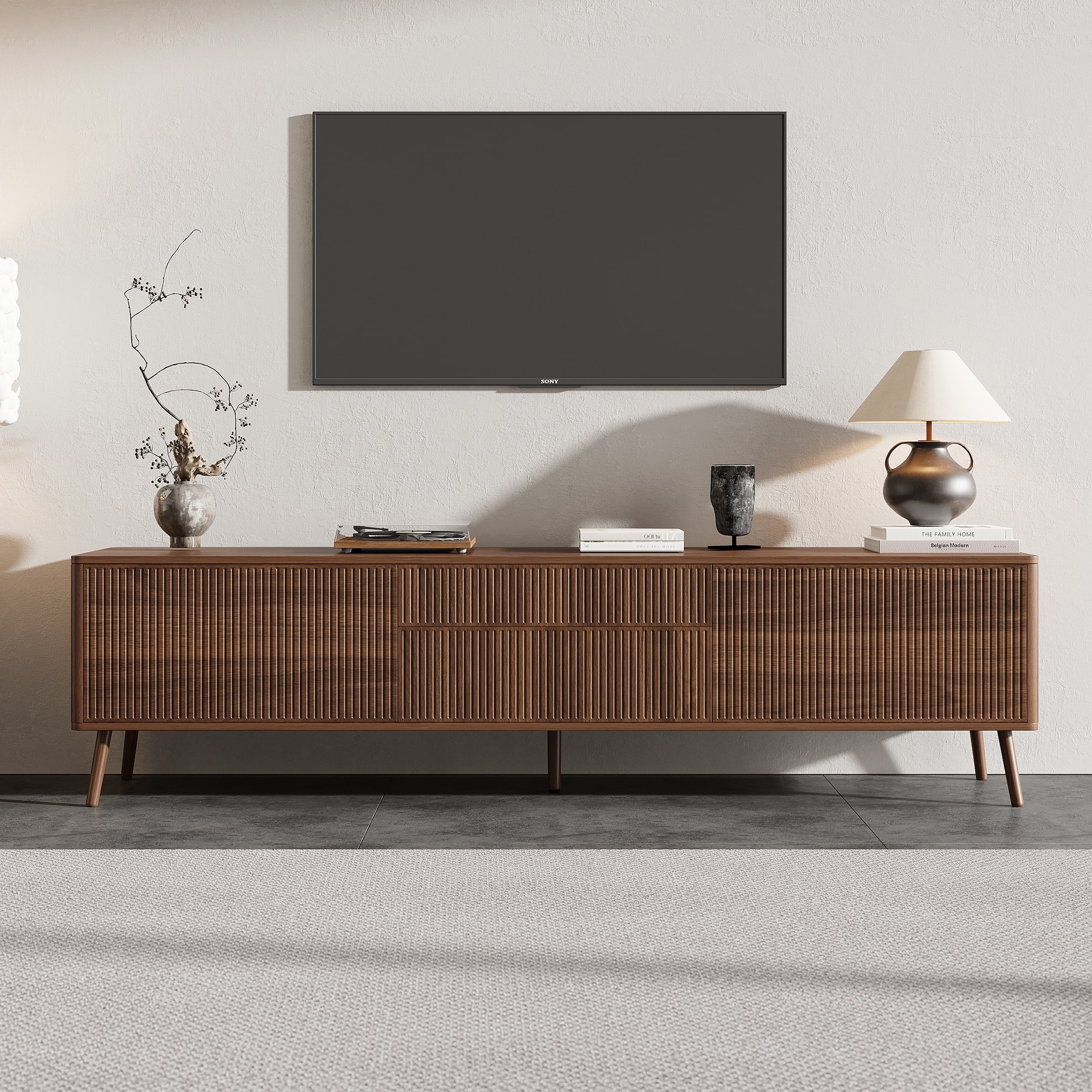MERAVOM - Fluted TV Stand with Storage Drawers and Cabinets for TVs up to 80", Modern Entertainment Center with Cable Management - Walnut