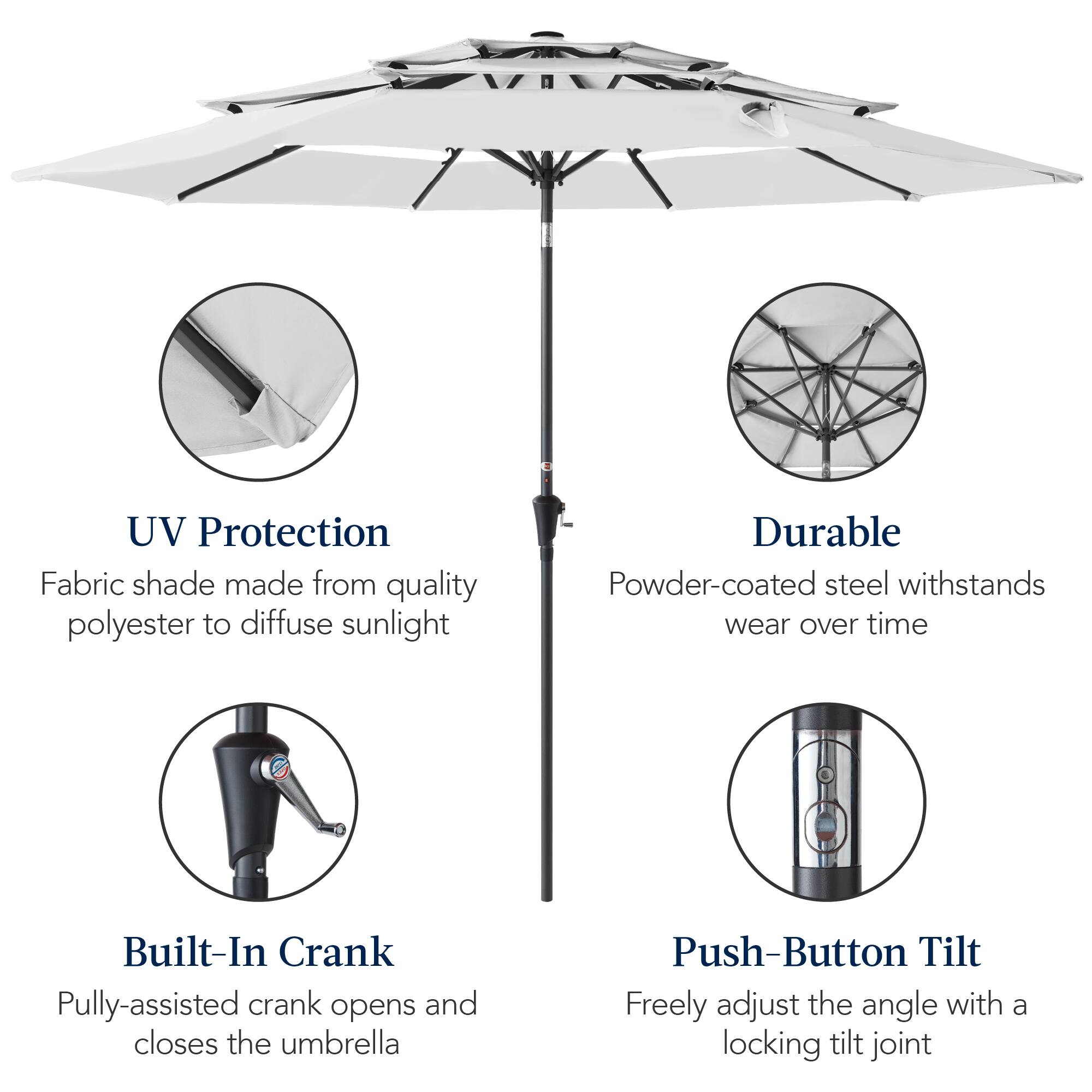 UV Protection Fabric shade made from quality polyester to diffuse sunlight. Durable Powder-coated steel withstands wear over time. Built-In Crank: Pulley-assisted crank opens and closes the umbrella. Push-Button Tilt: Freely adjust the angle with a locking tilt joint.