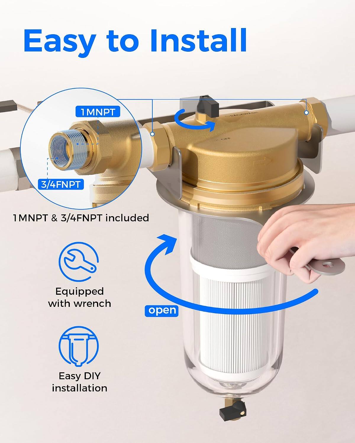 Easy to Install

1MNPT  
3/4FNPT  
1MNPT & 3/4FNPT included  
Equipped with wrench  
open  
Easy DIY installation