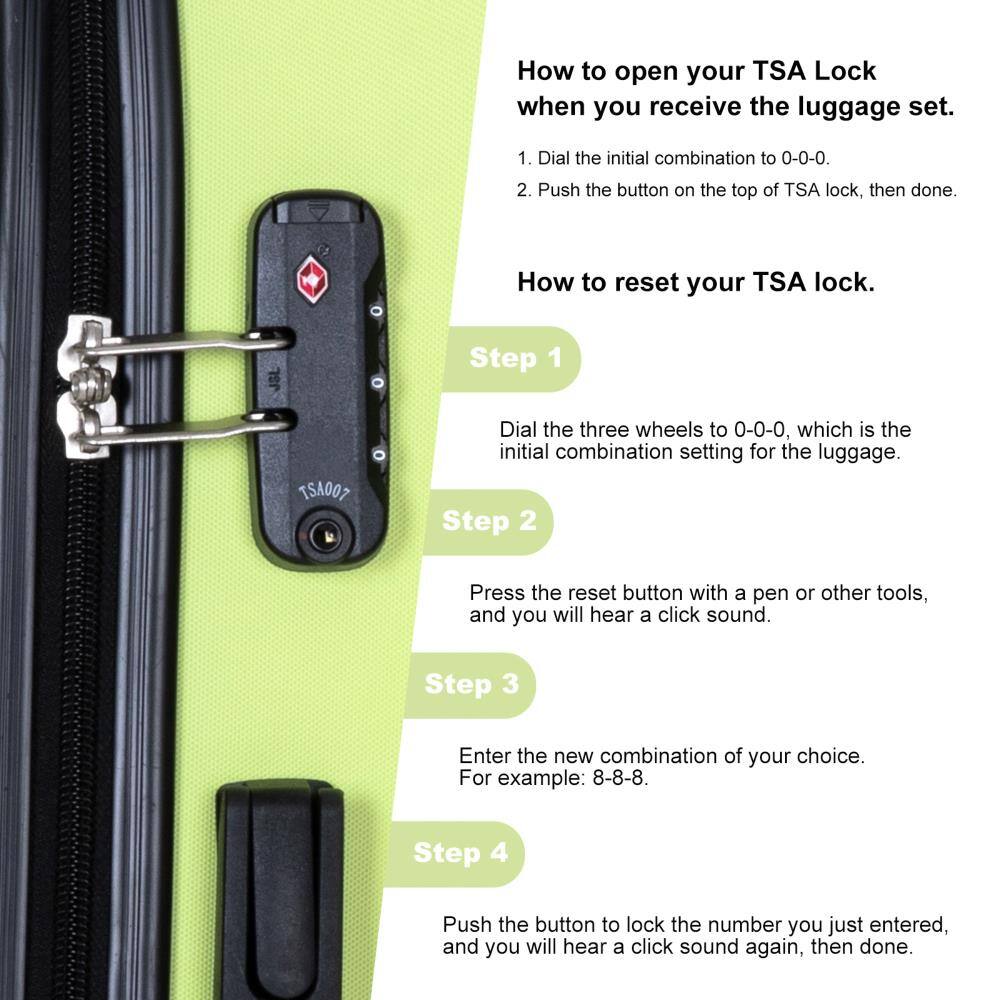 How to open your TSA Lock when you receive the luggage set.

1. Dial the initial combination to 0-0-0.
2. Push the button on the top of TSA lock, then done.

How to reset your TSA lock.

Step 1
Dial the three wheels to 0-0-0, which is the initial combination setting for the luggage.

Step 2
Press the reset button with a pen or other tools, and you will hear a click sound.

Step 3
Enter the new combination of your choice. For example: 8-8-8.

Step 4
Push the button to lock the number you just entered, and you will hear a click sound again, then done.