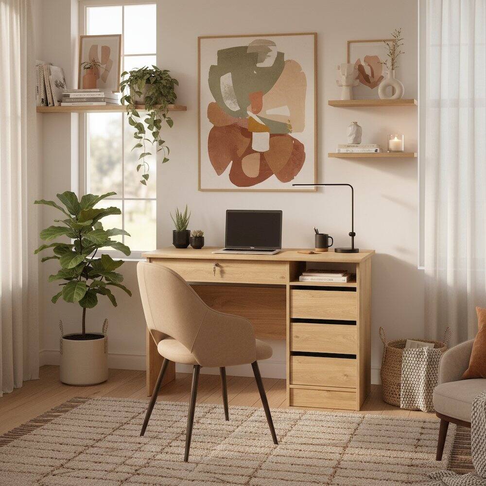 Left. FurniFact - Home Office Desk with 4 Drawers and Open Shelf for Study Use - Brown.