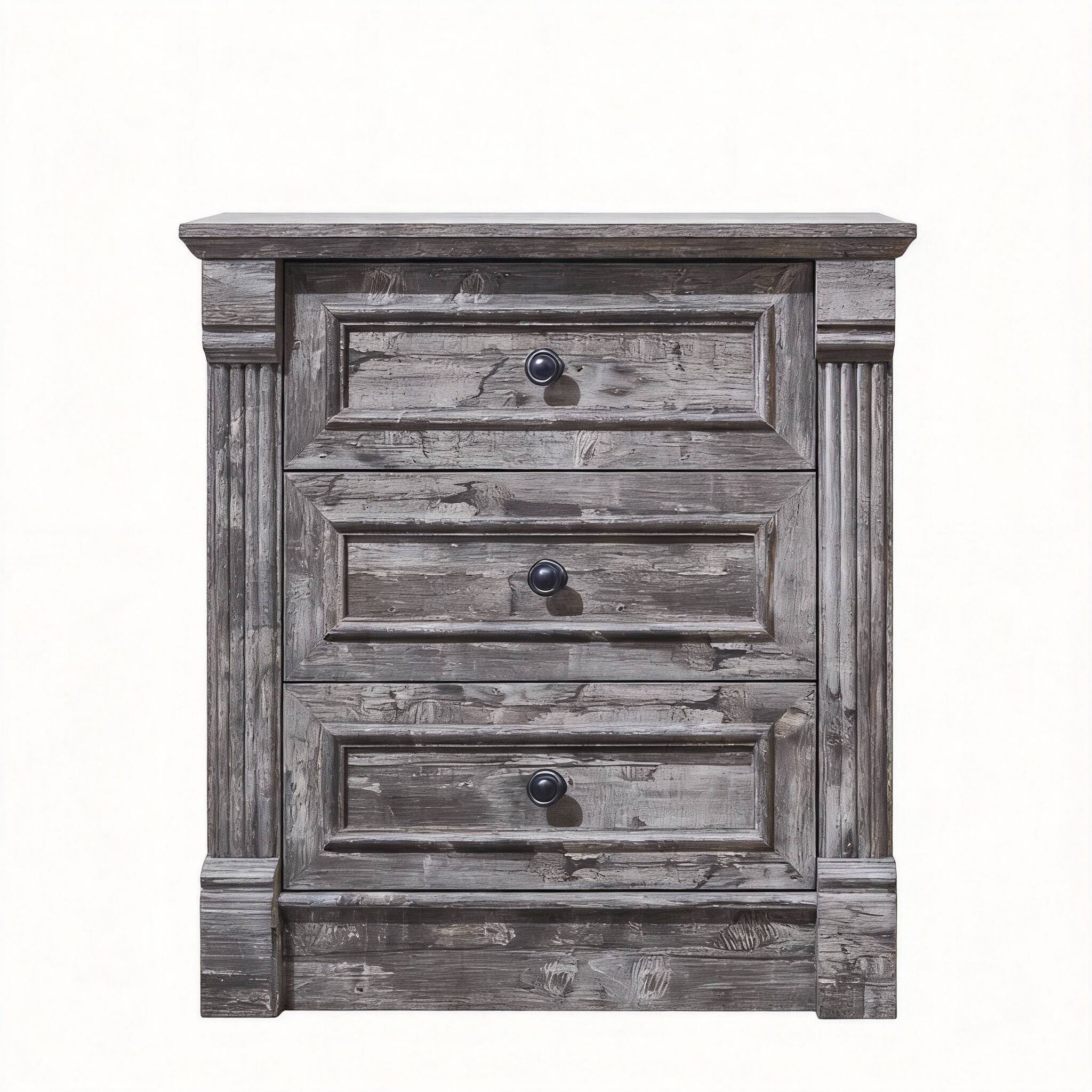 Front. CovertSafe - 26" Farmhouse Nightstand Charging Station Roman Column End Table - Light Grey 3 Drawers 1 PC.