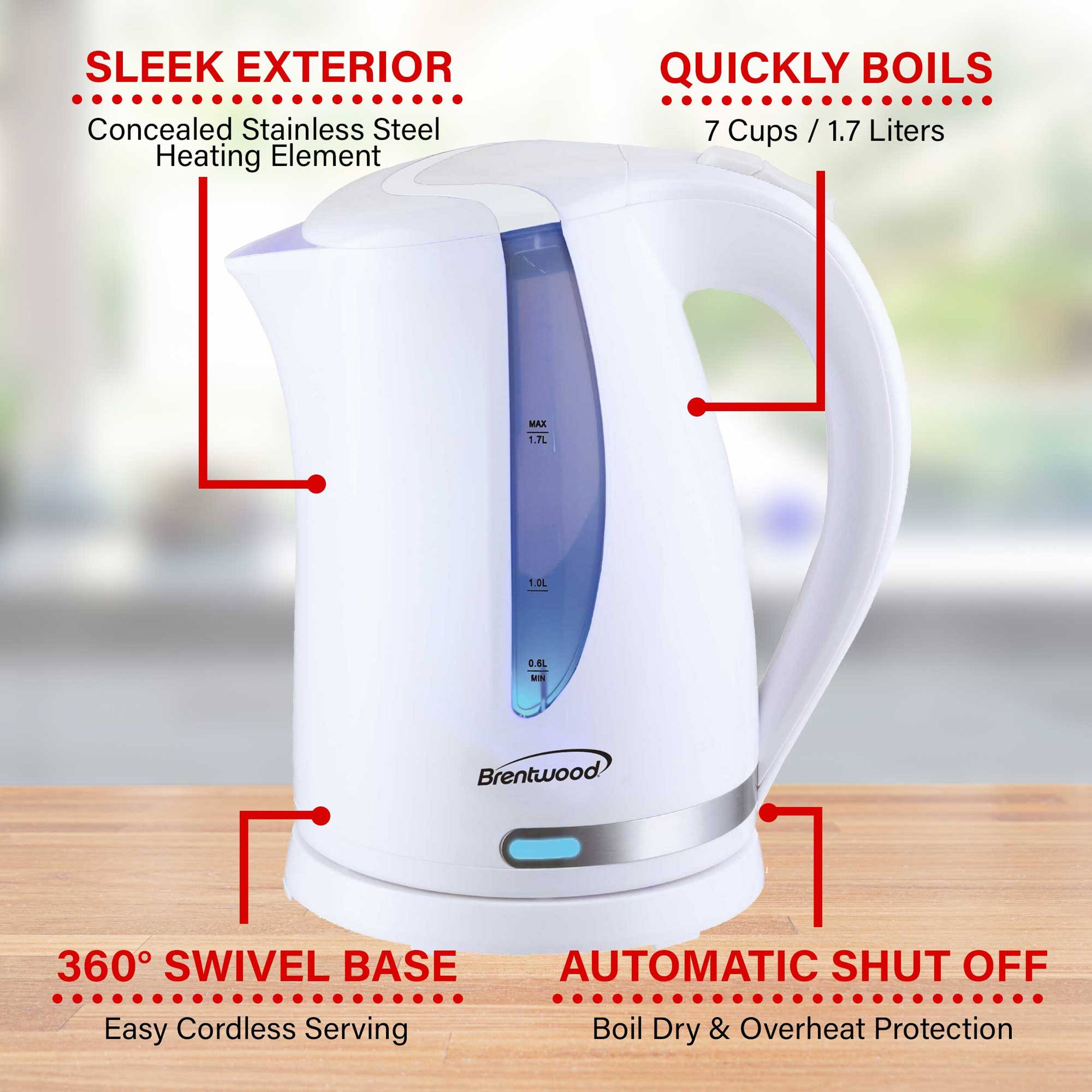 SLEEK EXTERIOR  
Concealed Stainless Steel Heating Element  

QUICKLY BOILS  
7 Cups / 1.7 Liters  

360° SWIVEL BASE  
Easy Cordless Serving  

AUTOMATIC SHUT OFF  
Boil Dry & Overheat Protection