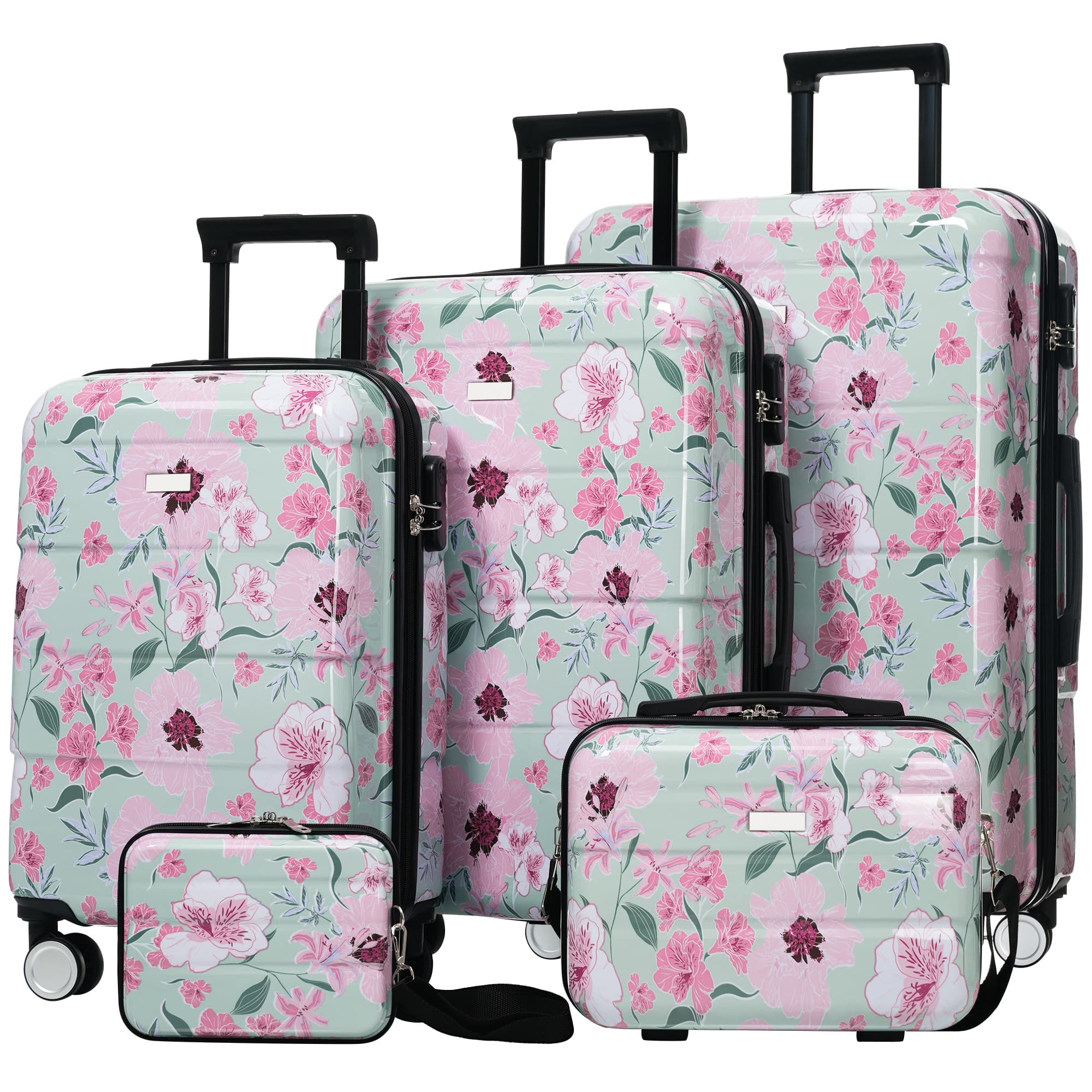 Boyel Living - Flower Hardshell Luggage Set Spinner Suitcase with TSA Lock ABS Lightweight Material Durable Material - Green Pink