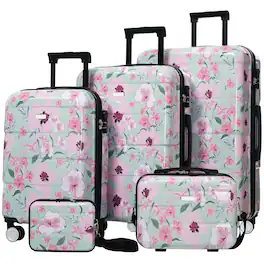 Ecooso - 5-Piece PC Hard Shell Luggage Set with Password Lock, 8" Case, 14" Cosmetic Case, 20/24/28 Inch - Green & Pink Flower