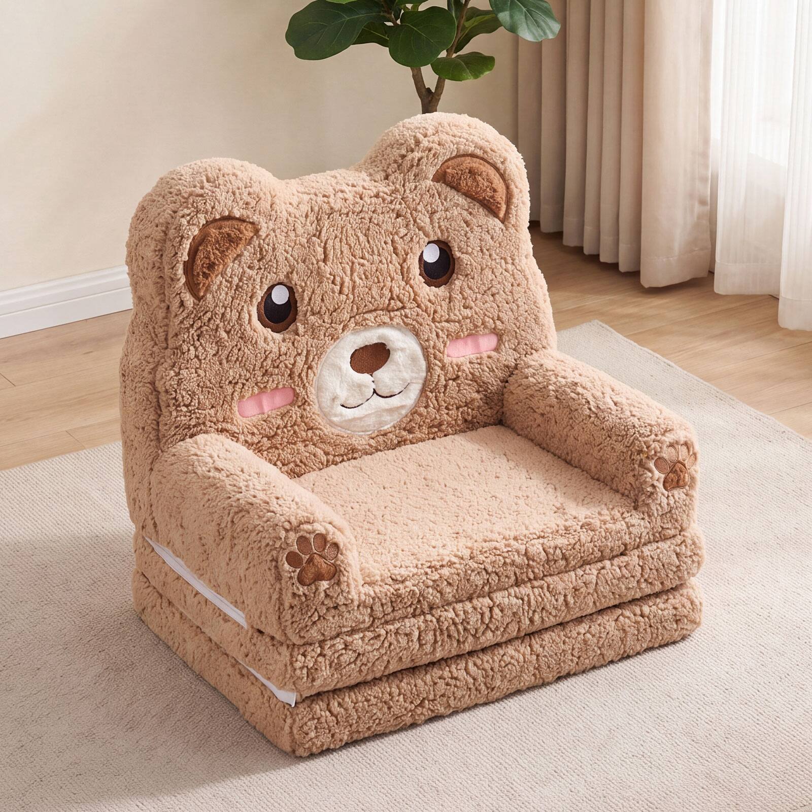 Alt View 3. Costway - Costway 2-in-1 Foldable Kids Sofa Bed Convertible Lounger with Washable Removable Slipcover Brown Bear - Brown Bear.