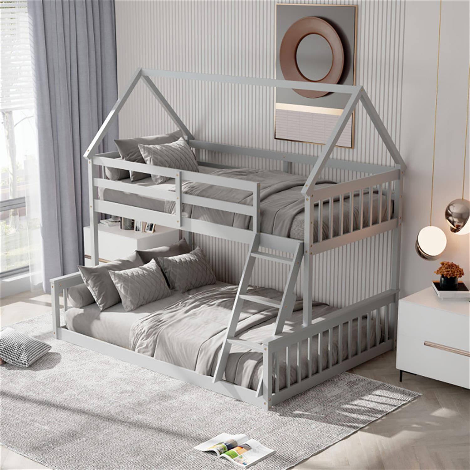 Back. Pefilos - Twin Over Full Bunk Bed with Ladder and Guardrails, House Twin Bunk Beds, Bed Frame - Gray.