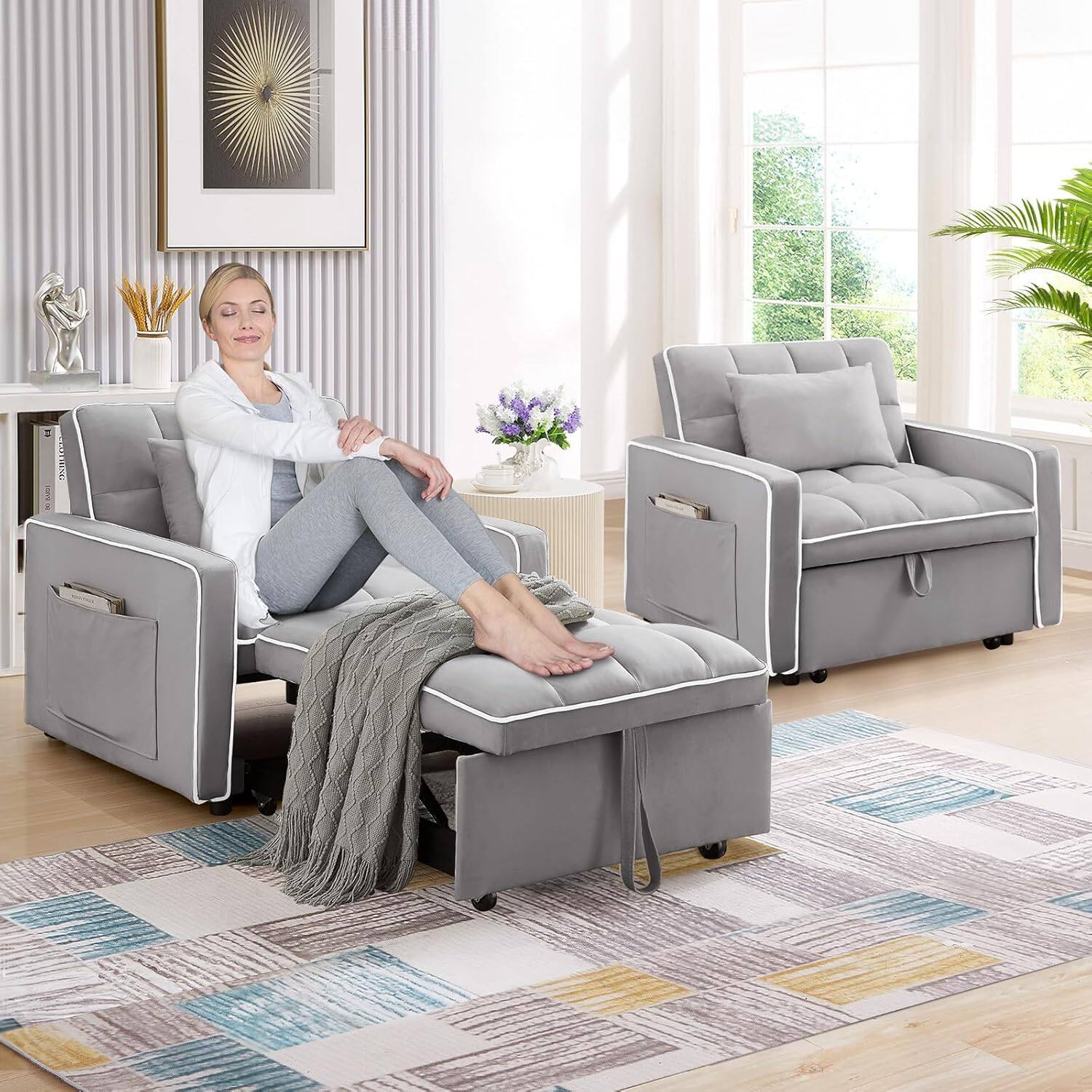 Alt View 2. Trinkets Crazed - Convertible Sleeper Chair Bed 3 in 1 Modern Velvet Pull Out Sofa Bed - Gray.