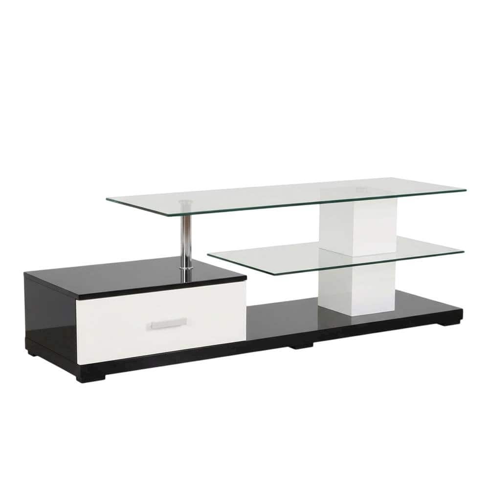 FurniFact - Modern White and Black TV Stand with Glass Shelves and Chrome Frame - Brown