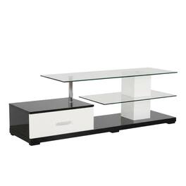 FurniFact - Modern White and Black TV Stand with Glass Shelves and Chrome Frame - Brown