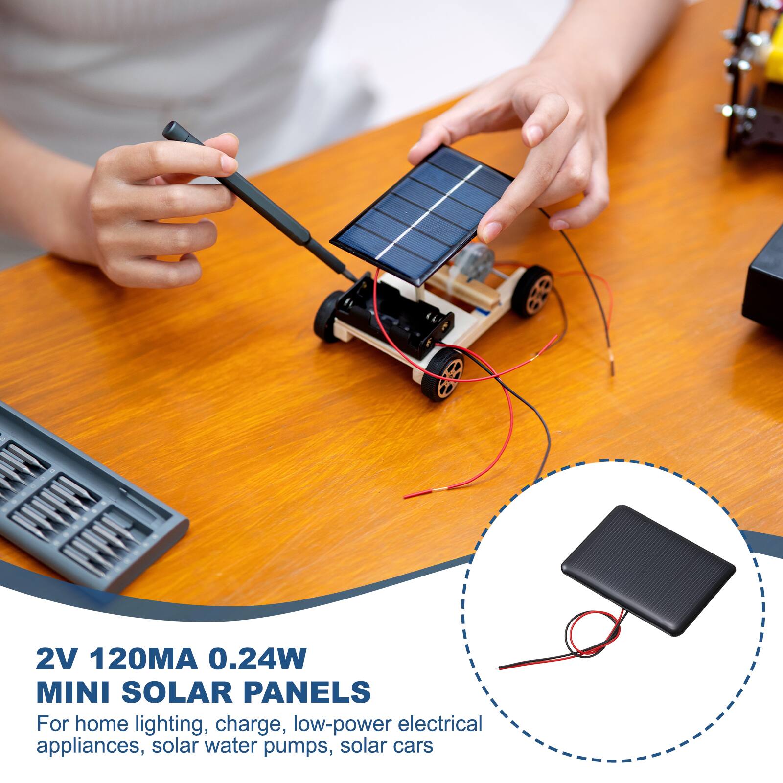2V 120MA 0.24W MINI SOLAR PANELS  
For home lighting, charge, low-power electrical appliances, solar water pumps, solar cars