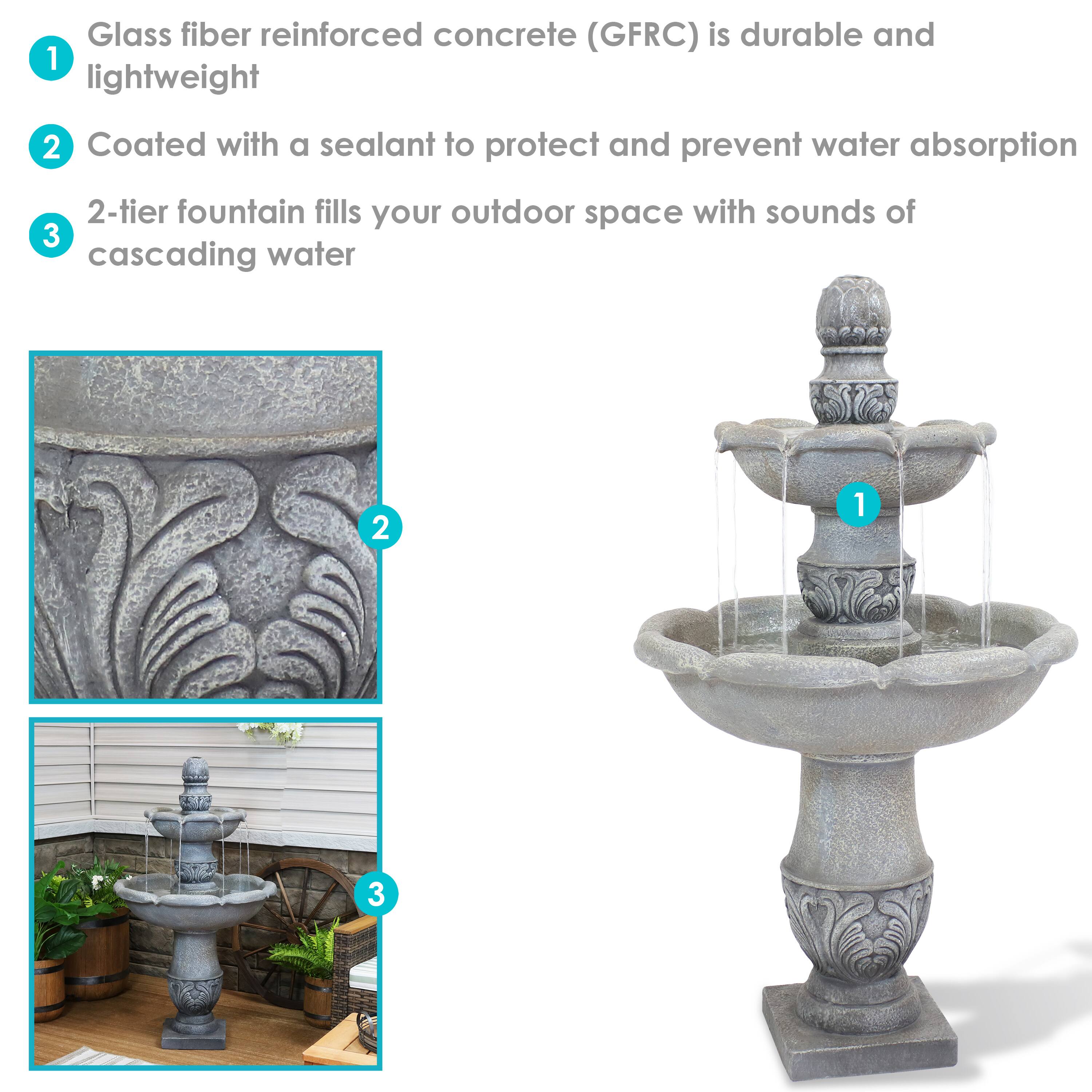 1. Glass fiber reinforced concrete (GFRC) is durable and lightweight  
2. Coated with a sealant to protect and prevent water absorption  
3. 2-tier fountain fills your outdoor space with sounds of cascading water