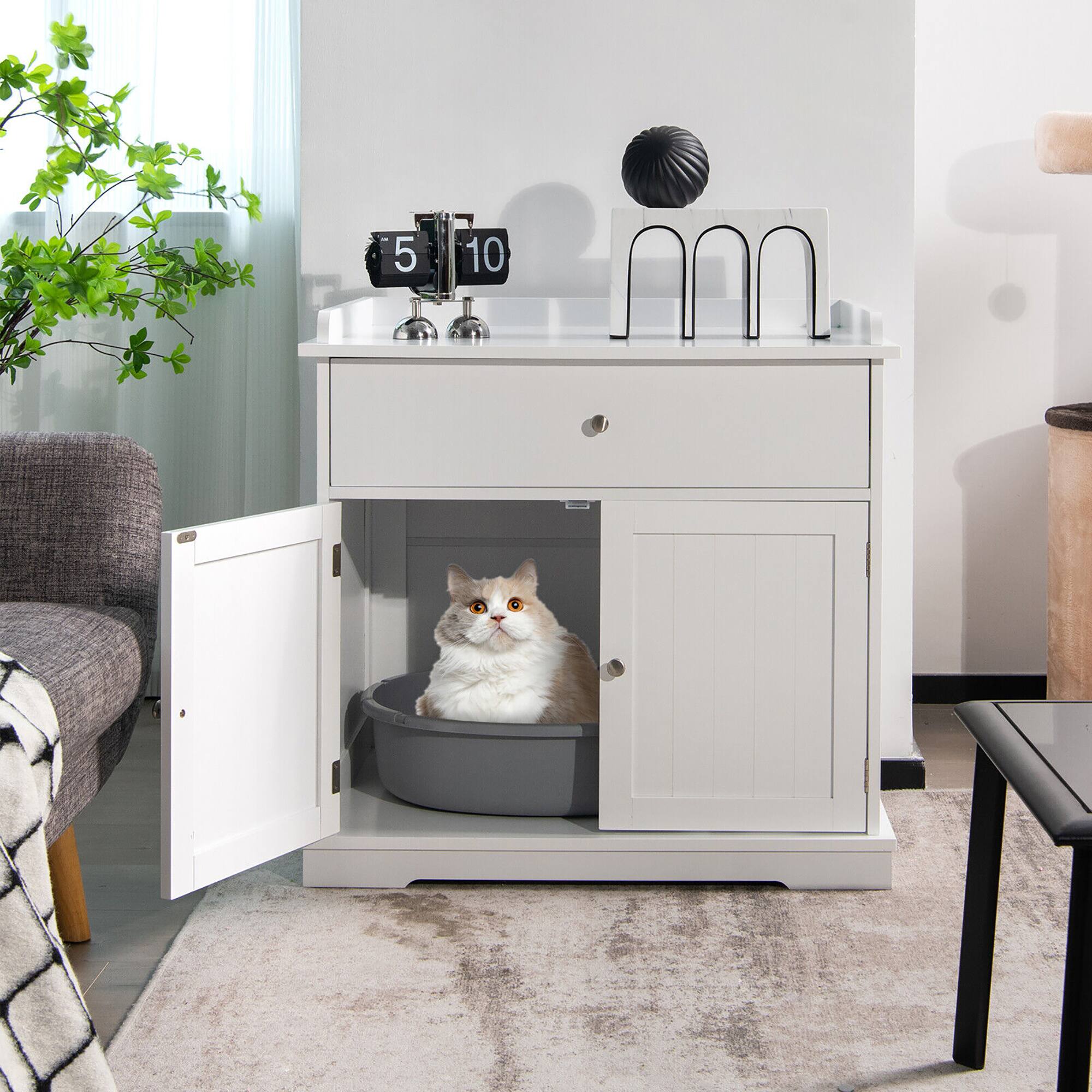 Alt View 4. Gymax - Gymax Wooden Cat Litter Box Enclosure w/ Drawer Side Table Furniture White - White.