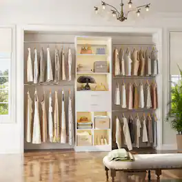 Aheaplus - 4-8 FT Walk-in Closet Organizer with 2 Wood Drawers, 5 Hang Rods & Built-in Shelves - Fits 60-96'' Closets - White