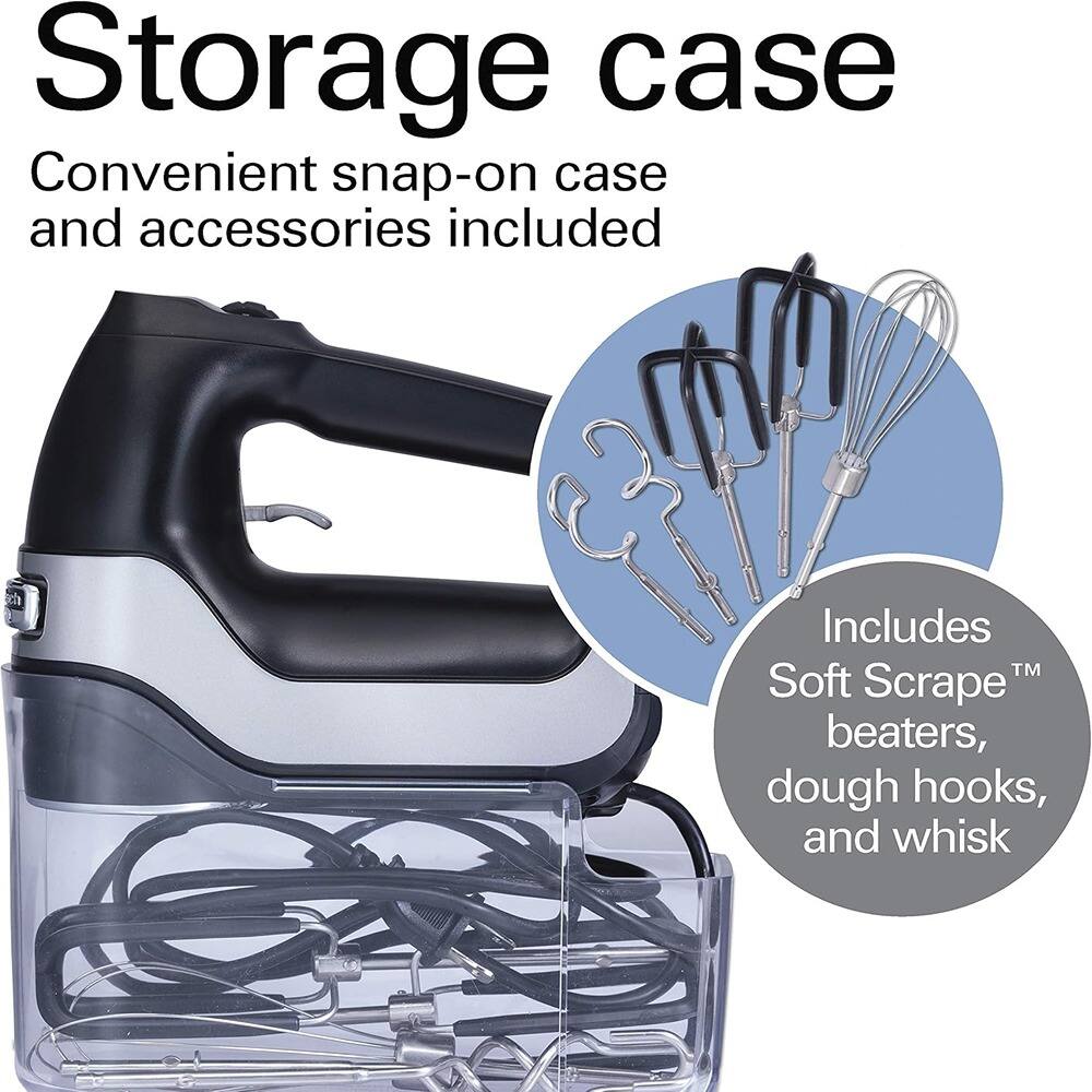 Storage case  
Convenient snap-on case and accessories included  

Includes Soft Scrape™ beaters, dough hooks, and whisk