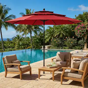 3 foot patio umbrella 10 ft 3-tier Vented with Push Button Tilt-Black Enjoy effortless shade and comfort with our Ainfox cantilever umbrella 10 ft 3-tier Vented Patio