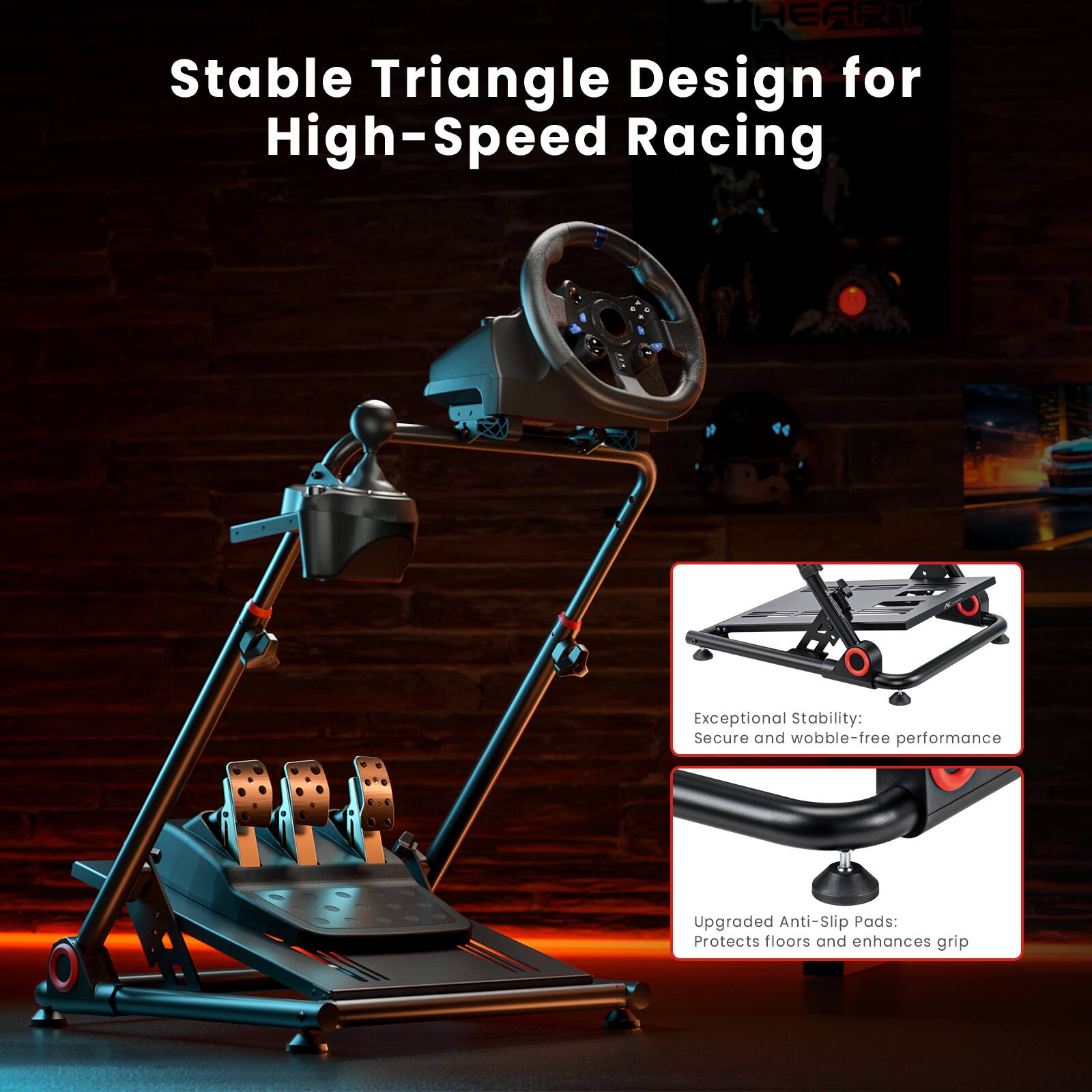 Stable Triangle Design for High-Speed Racing: Exceptional Stability and Wobble-Free Performance. Upgraded Anti-Slip Pads: Protects Floors and Enhances Grip.