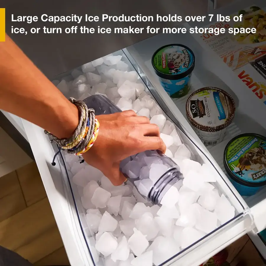 Large capacity ice production holds over 7 lbs of ice, or turn off the ice maker for more storage space.