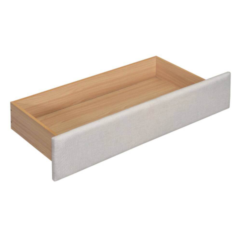 Left. LUCKY ONE - Queen Size Upholstered Platform Bed with Reading Lights, Drawers, Trundle, Storage Shelves, Linen Fabric - Beige.