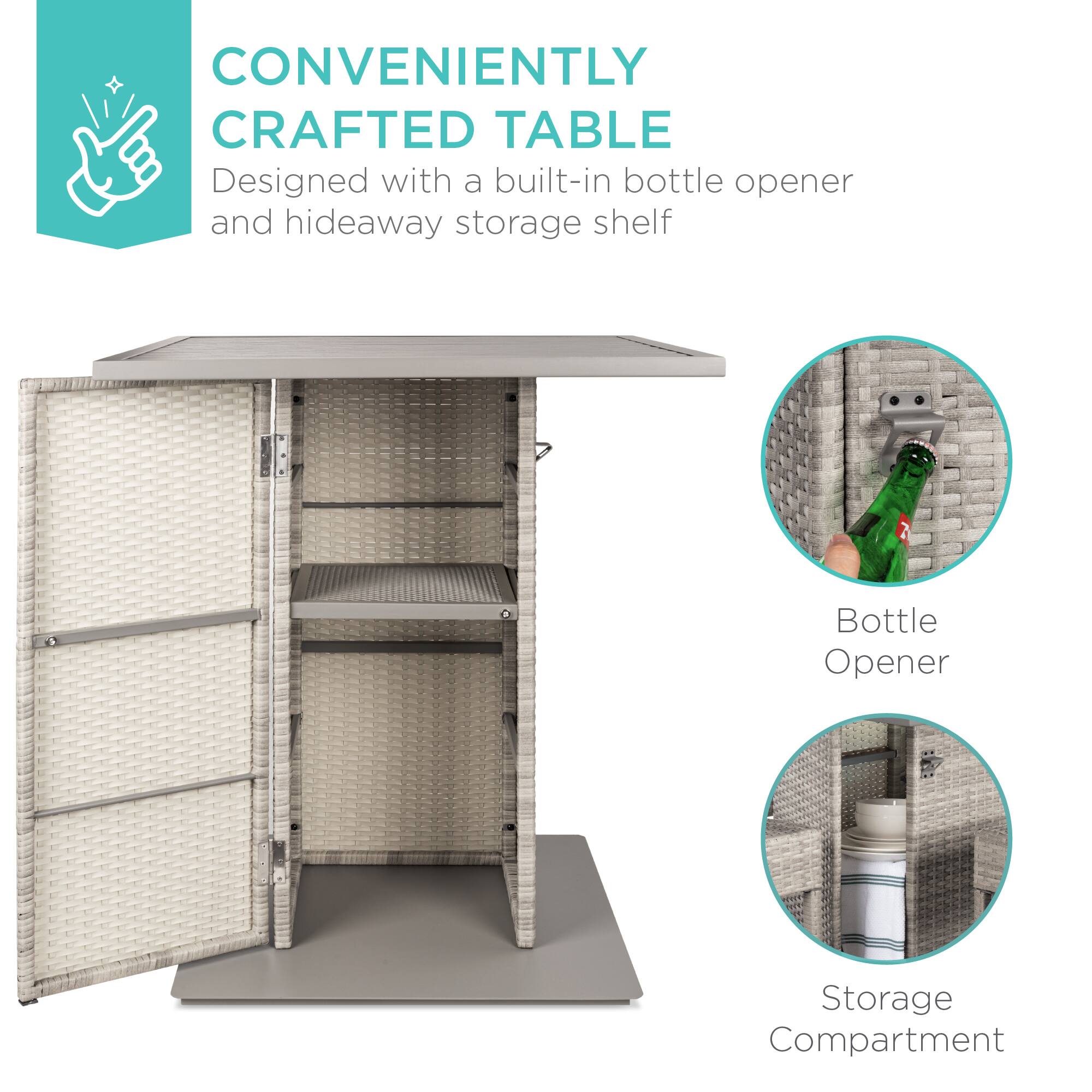 CONVENIENTLY CRAFTED TABLE  
Designed with a built-in bottle opener and hideaway storage shelf  

- Bottle Opener  
- Storage Compartment