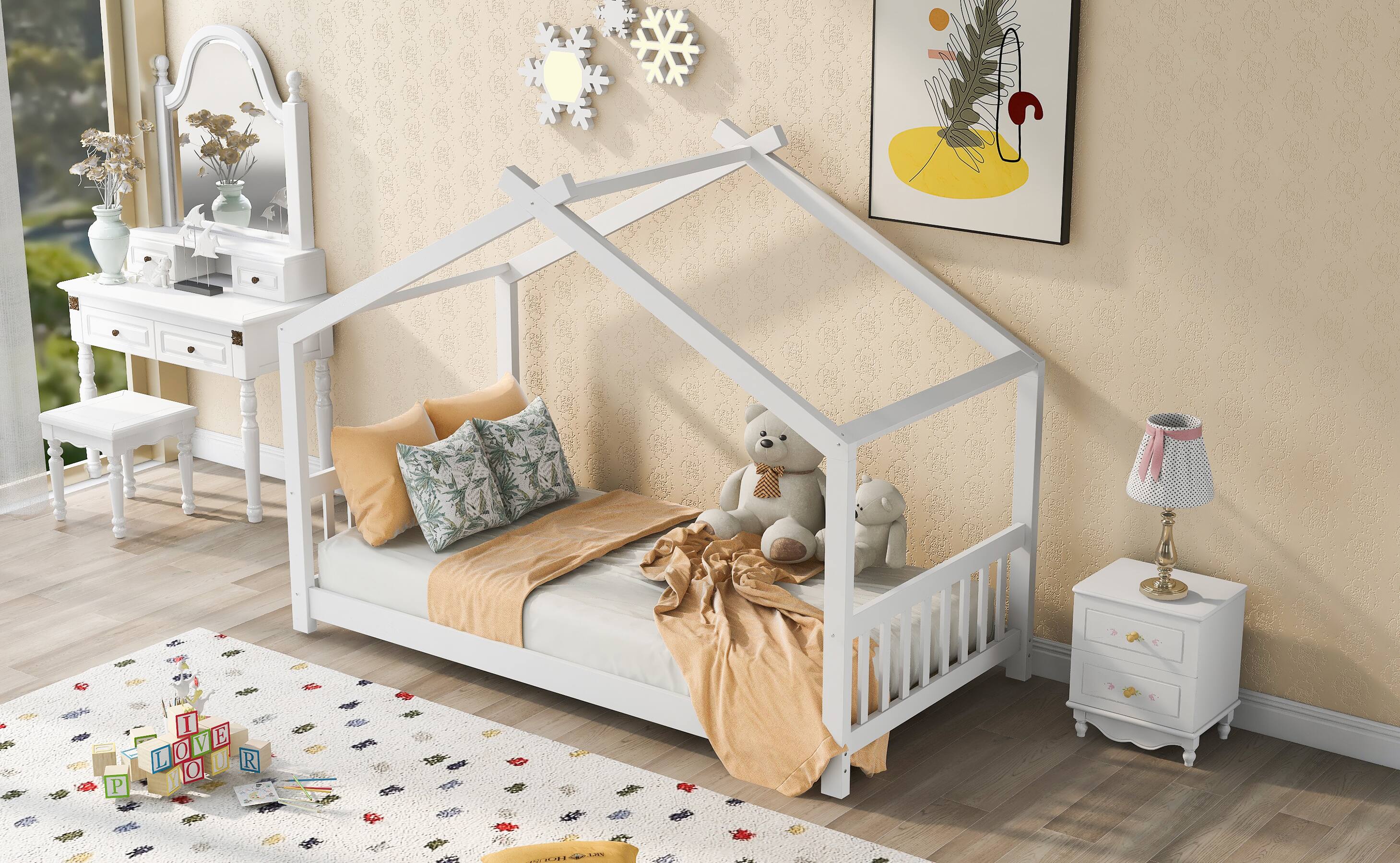 Alt View 6. Spaco - Spaco Twin House Bed with Roof Headboard, Low Platform Design, Solid Pine Wood Frame and Easy Assembly for Kids Room - White.