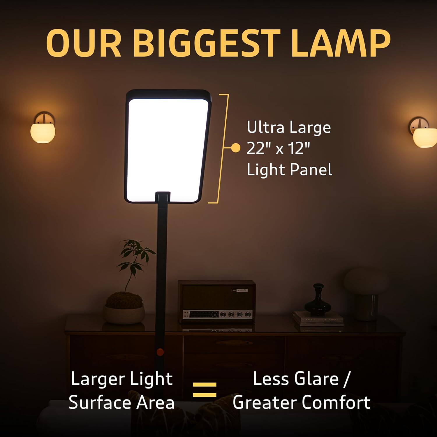 OUR BIGGEST LAMP

Ultra Large 22" x 12" Light Panel

Larger Light Surface Area

Less Glare / Greater Comfort
