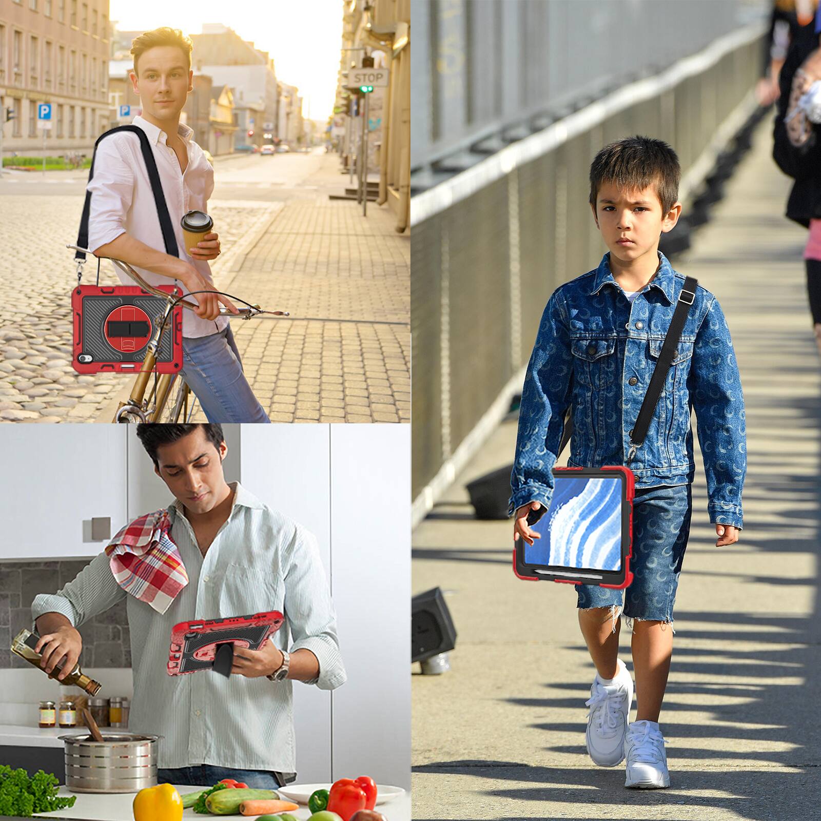Alt View 4. Dteck - For Apple iPad (A16) 11" 2025/10th 2022 Three-Layer Hybrid Kickstand Pencil Holder Hand/Shoulder Strap Shockproof Case - Red+Black.