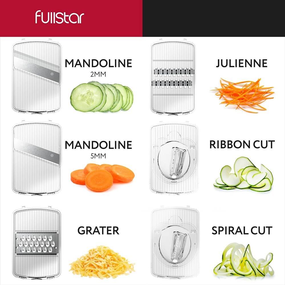 - MANDOLINE 2MM
- JULIENNE
- MANDOLINE 5MM
- RIBBON CUT
- GRATER
- SPIRAL CUT