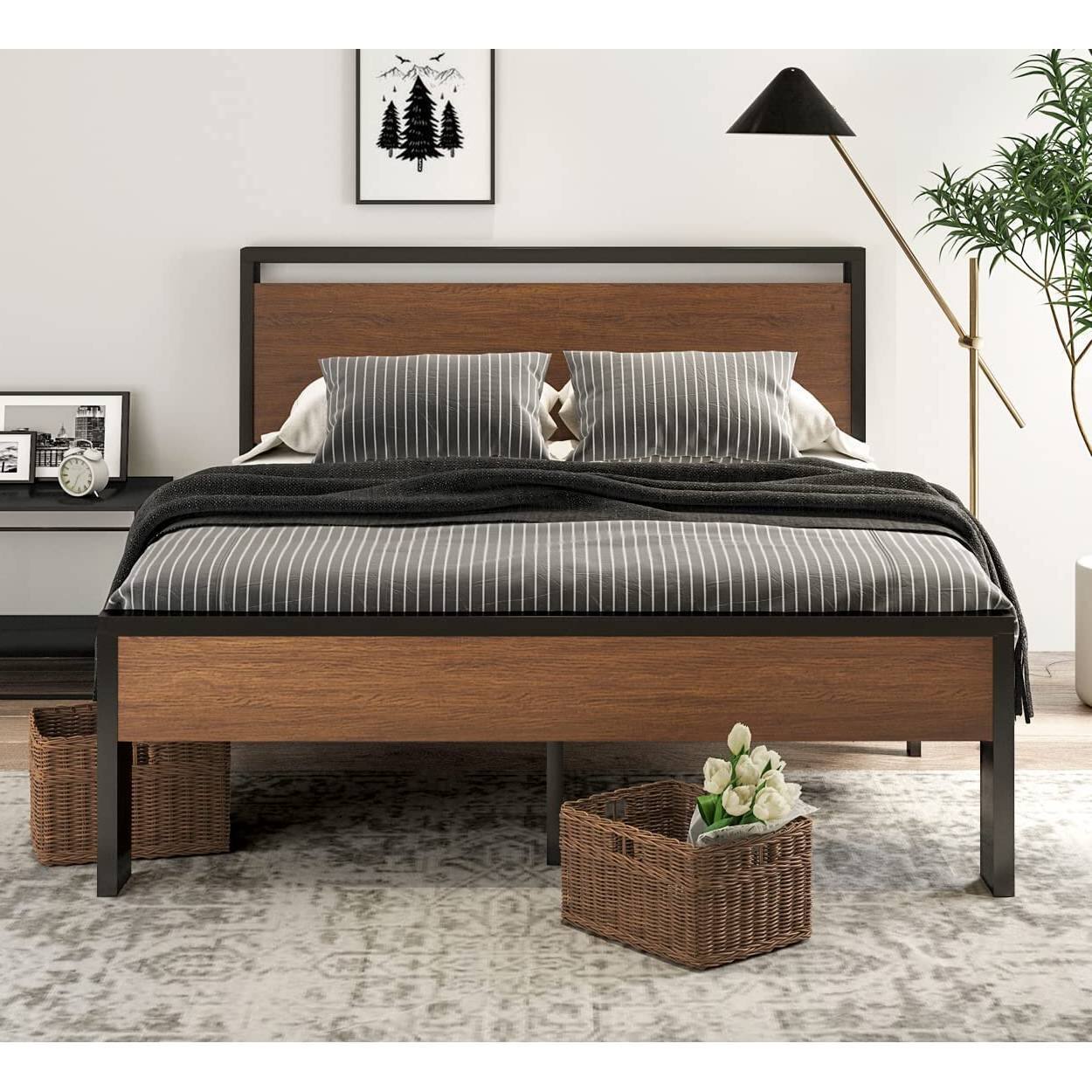 Left. Hivvago - Queen Metal Platform Bed with Walnut Finish Wood Panel Headboard Footboard - Brown, Black.