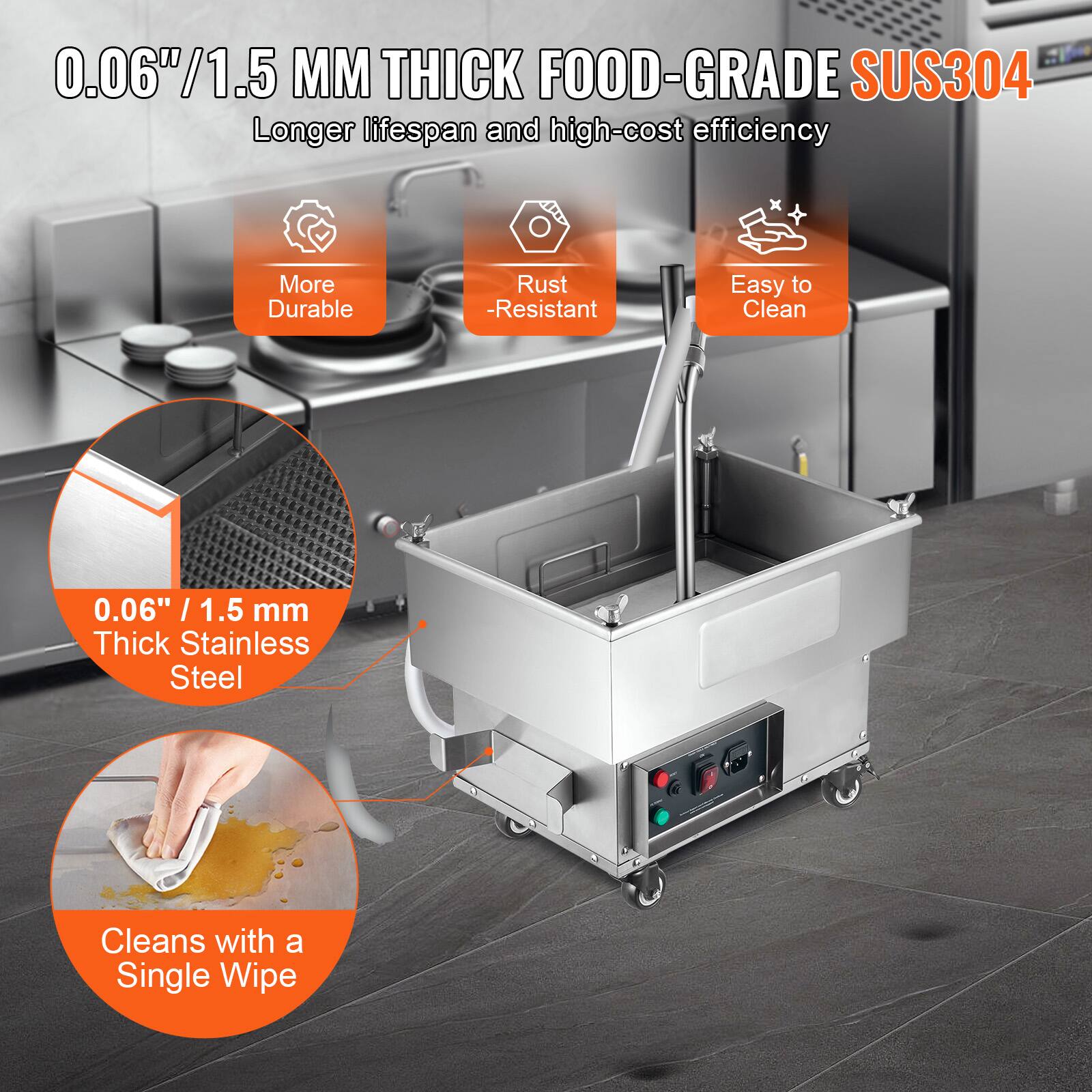 0.06"/1.5 MM THICK FOOD-GRADE SUS304  
Longer lifespan and high-cost efficiency  

- More Durable  
- Rust-Resistant  
- Easy to Clean  

0.06" / 1.5 mm Thick Stainless Steel  

Cleans with a Single Wipe