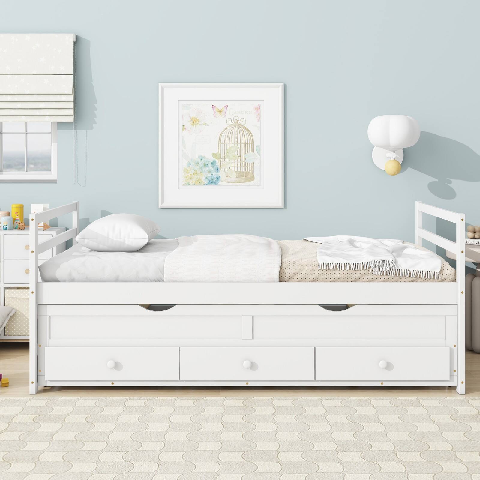 Alt View 1. Ecooso - Twin Size Bed with Headboard, Footboard, Trundle and Three Storage Drawers, Twin Size Pine Wood Bed with Headboard - White.