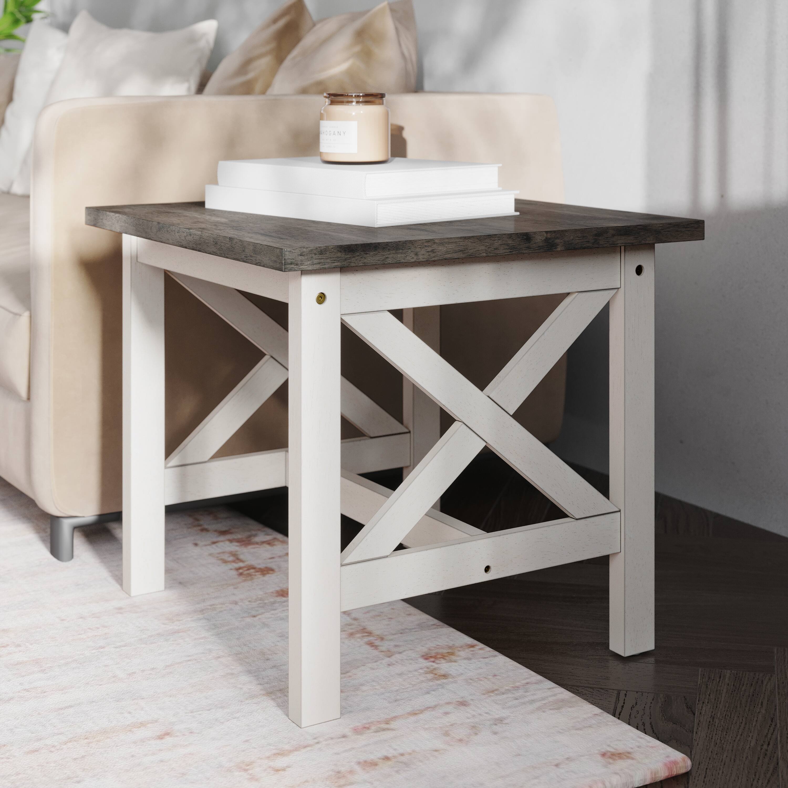Alt View 3. Emma + Oliver - Mitchell Solid Wood Farmhouse Style End Table - Acacia Gray Top/Rustic White Frame.