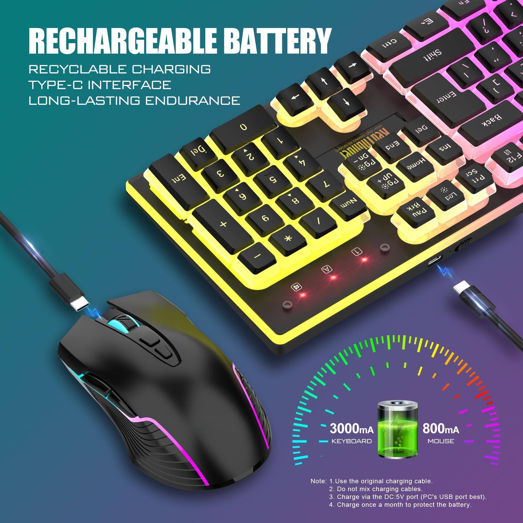 RECHARGEABLE BATTERY  
RECYCLABLE CHARGING  
TYPE-C INTERFACE  
LONG-LASTING ENDURANCE  

3000mA KEYBOARD  
800mA MOUSE  

Note:  
1. Use the original charging cable.  
2. Do not mix charging cables.  
3. Charge via the DC:5V port (PC's USB port best).  
4. Charge once a month to protect the battery.